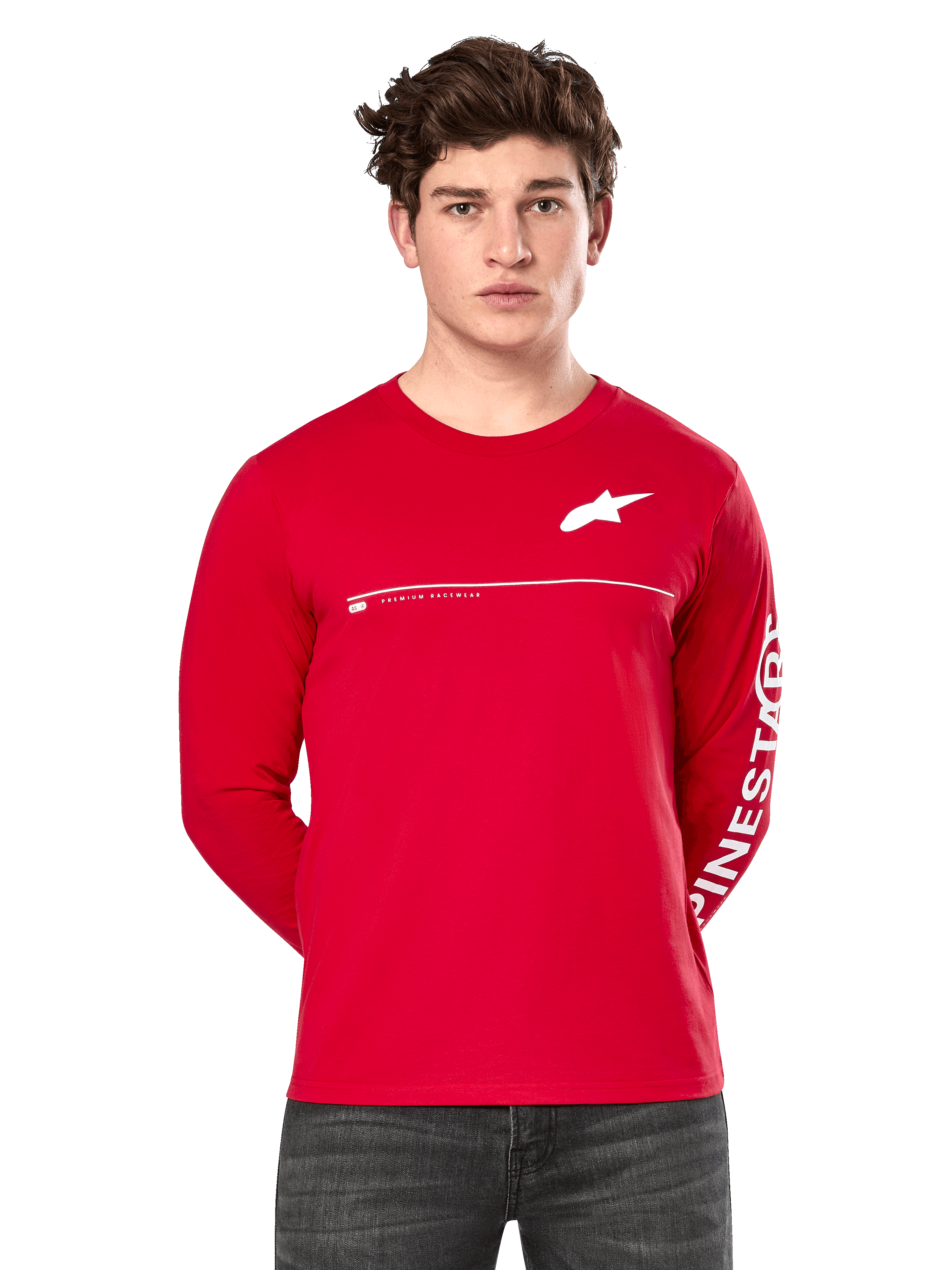 Alpinestars Committed CSF Long Sleeve Tee, Red, worn by a model, featuring white Astars chest logo and Alpinestars sleeve graphic, horizontal white chest line, casual motorsport-inspired streetwear