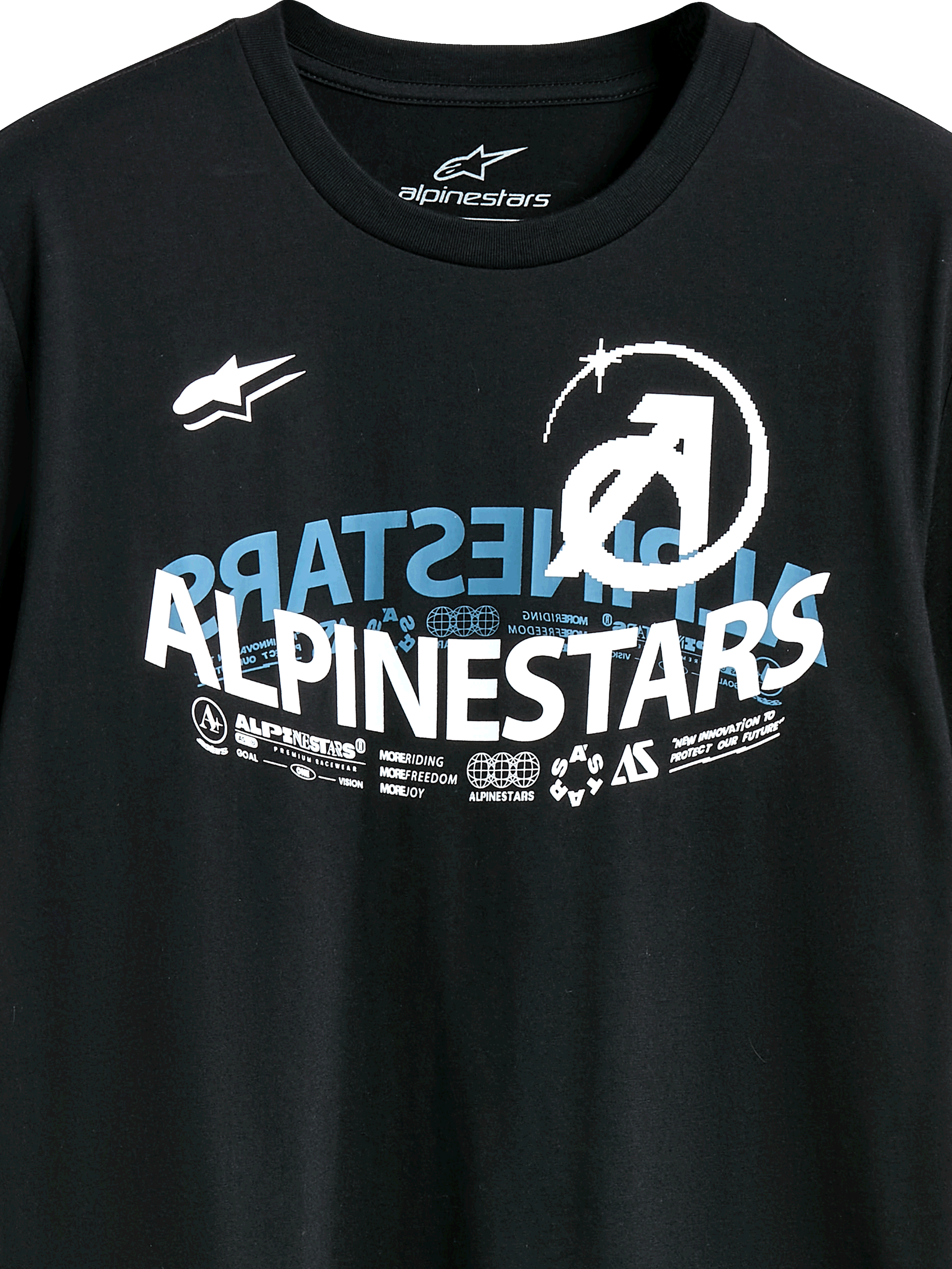 Alpinestars Semicircle CSF Tee, Short Sleeve T-Shirt, Black, featuring a complex curved Alpinestars graphic in white and blue with technical icons and slogans, Casual Motorsport Streetwear