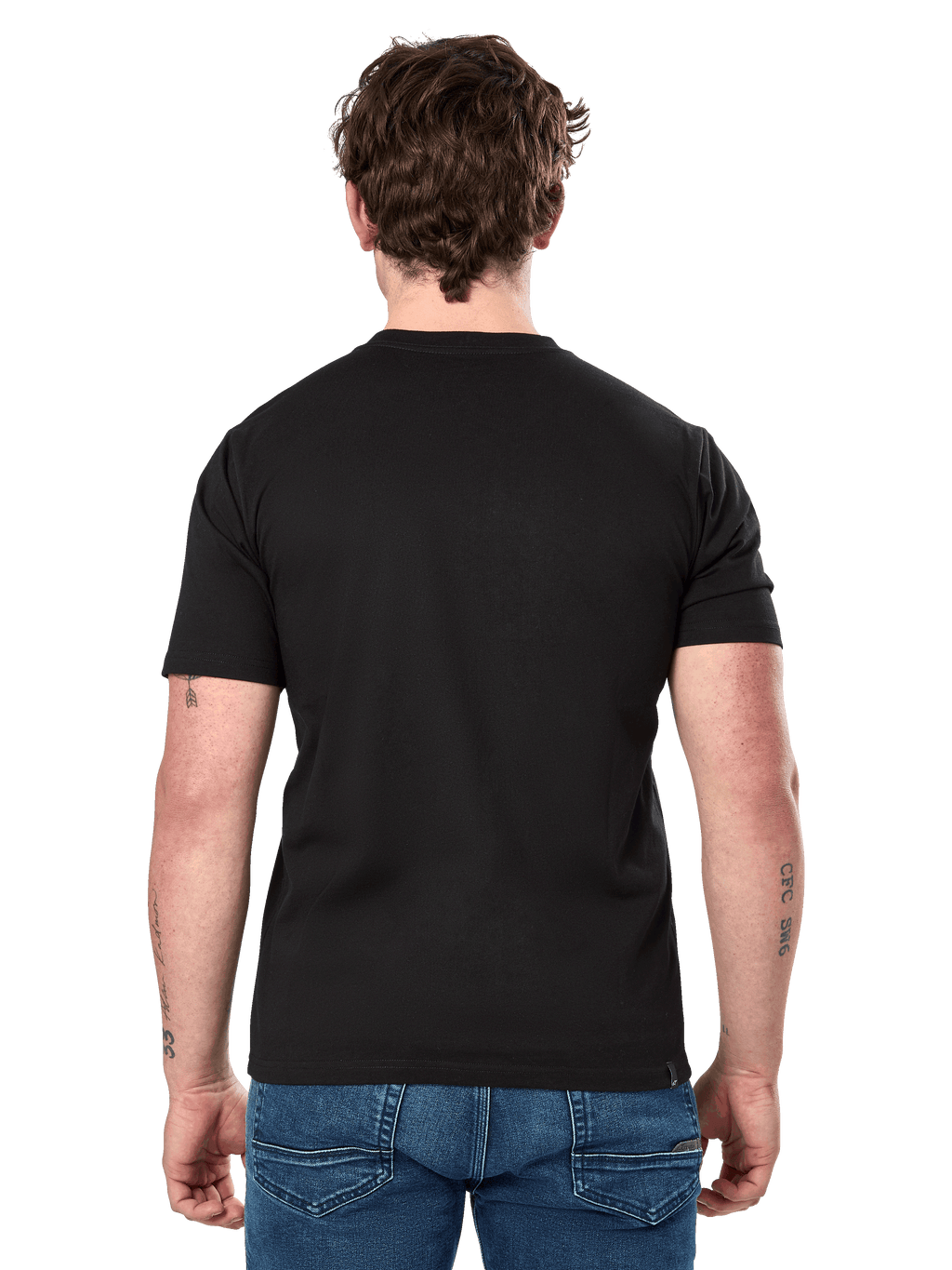 Alpinestars Cereal CSF Tee, Short Sleeve T-Shirt, Black, back view, worn with blue jeans, casual motorsport-inspired streetwear
