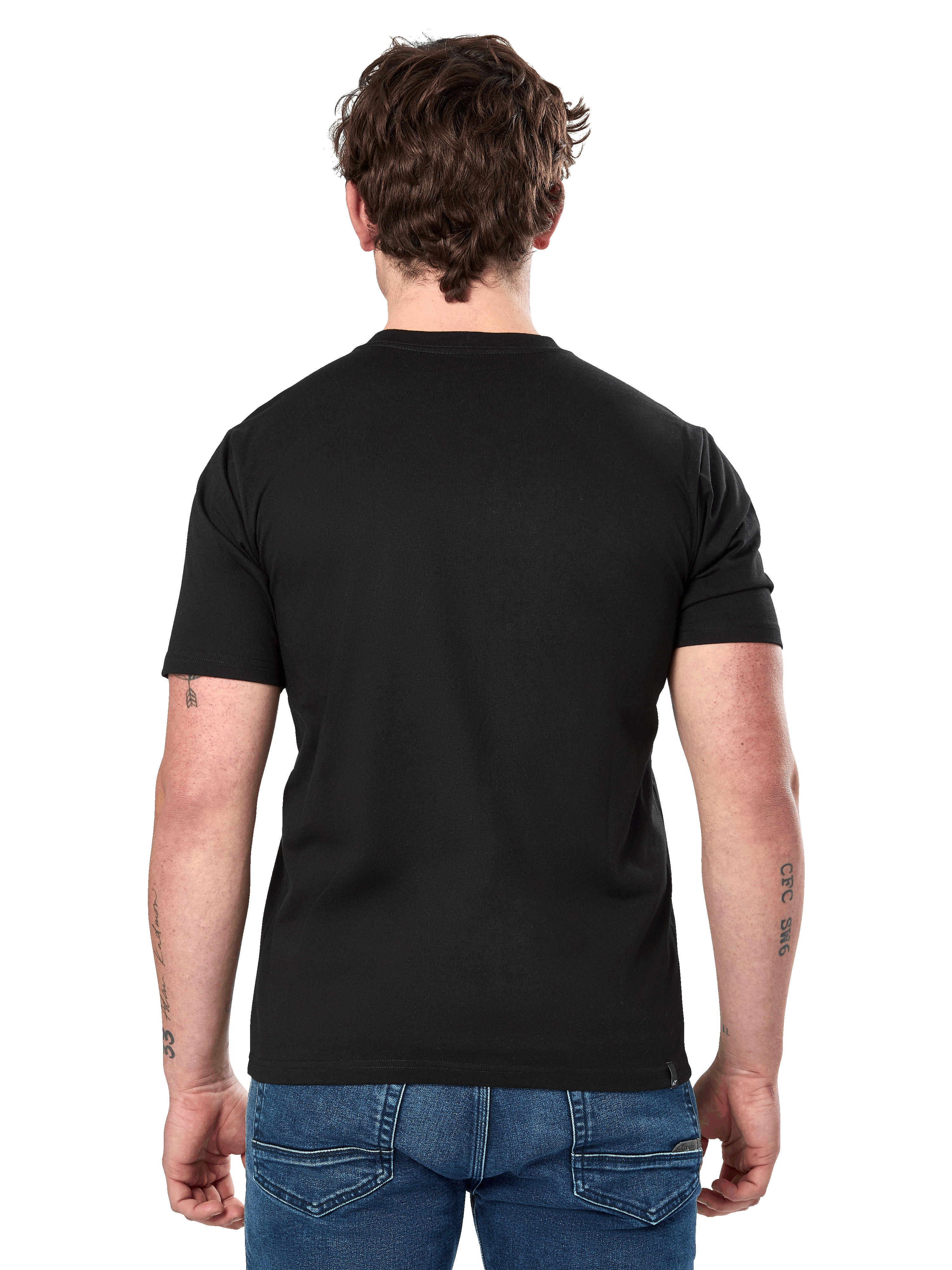 Alpinestars Cereal CSF Tee, Short Sleeve T-Shirt, Black, back view, worn with blue jeans, casual motorsport-inspired streetwear