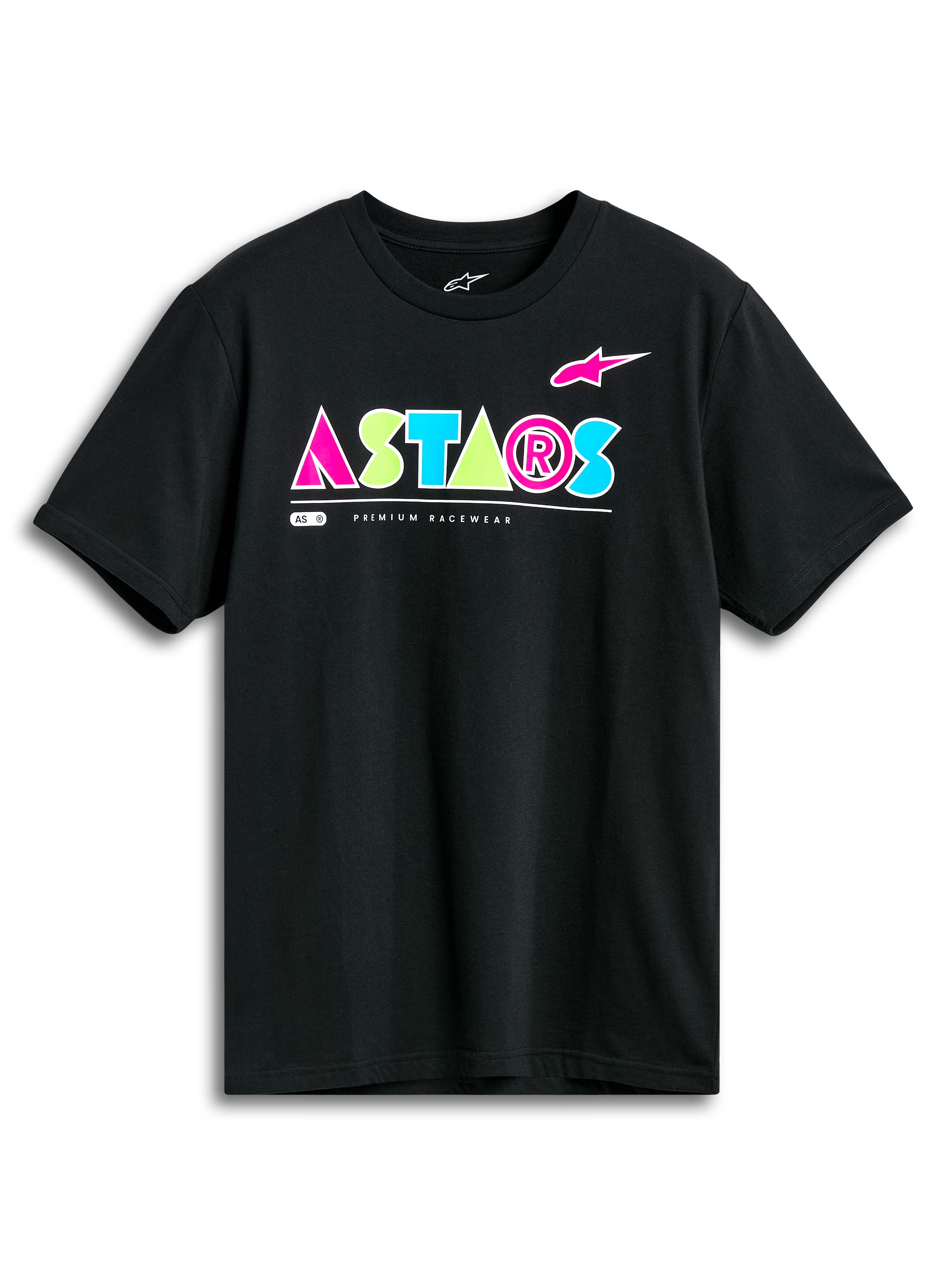 Alpinestars Cereal CSF Tee, Short Sleeve T-Shirt, Black, Vibrant Geometric ASTARS Logo in Pink, Lime Green, and Light Blue, Casual Motorsport Streetwear