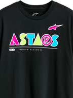Alpinestars Cereal CSF Tee, Short Sleeve T-Shirt, Black, Colorful Geometric ASTARS Logo with pink, green, and blue accents, Premium Racewear text, Casual Motorsport Streetwear
