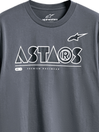 Alpinestars Cereal CSF Tee, Short Sleeve T-Shirt, Charcoal, detail view of front chest graphic featuring white geometric ASTARS text logo and PREMIUM RACEWEAR tagline, casual motorsport streetwear