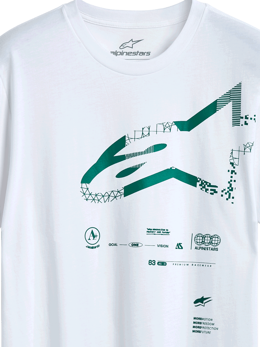 Alpinestars Geografica CSF Tee, Short Sleeve T-Shirt, White, Green Multi-Tech Astars Logo with Geometric and Pixelated Graphics, Casual Motorsport Streetwear