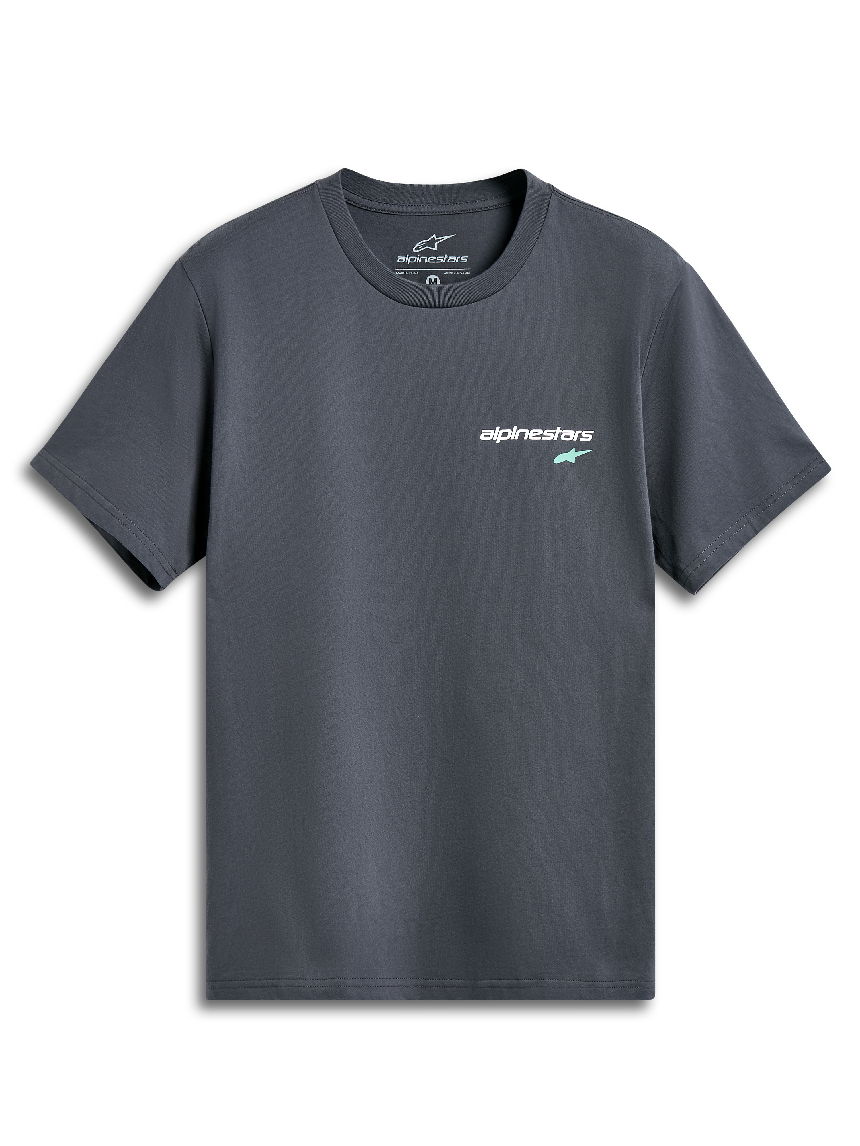 Alpinestars No Barrier CSF Tee, Short Sleeve T-Shirt, Charcoal Grey, Small white text logo with mint green star on the chest, Casual motorsport-inspired streetwear