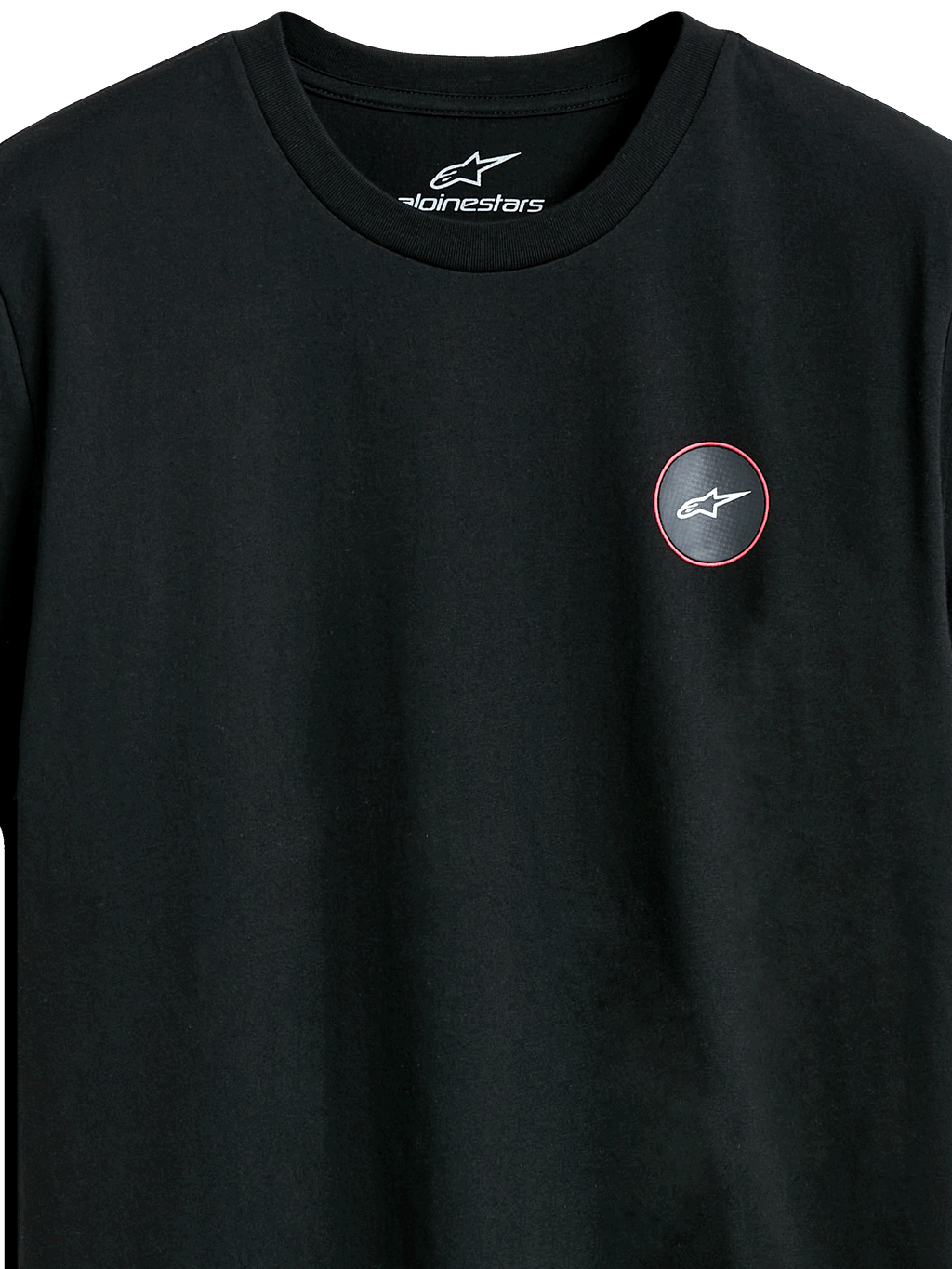 Alpinestars Dot Carbon CSF Tee, Short Sleeve T-Shirt, Black, Close-up of Circular Chest Logo with Carbon Fiber Look and White Astars Symbol, Casual Motorsport Streetwear