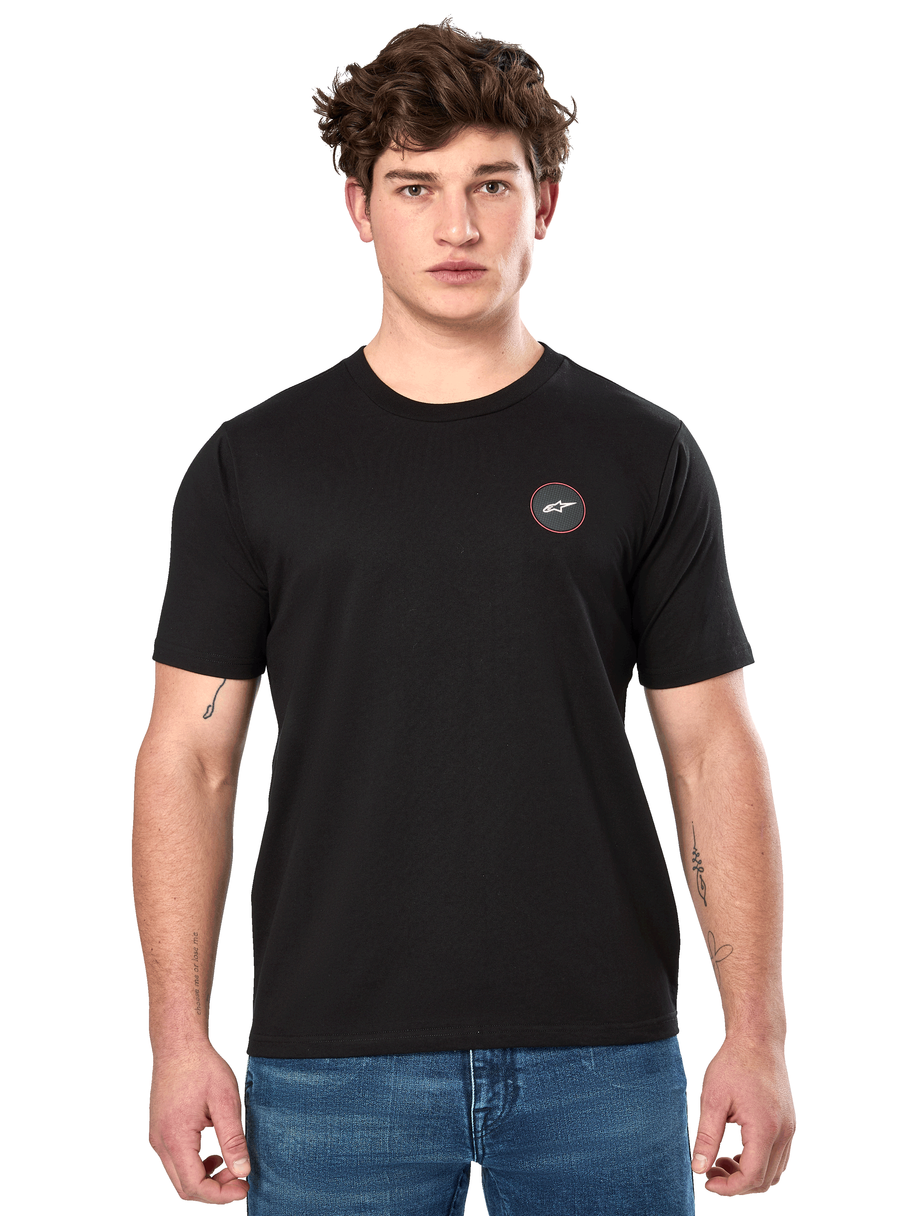 Alpinestars Dot Carbon CSF Tee, Short Sleeve T-Shirt, Black, small circular chest logo with white Astar and red border, worn by a model with blue jeans, casual motorsport streetwear