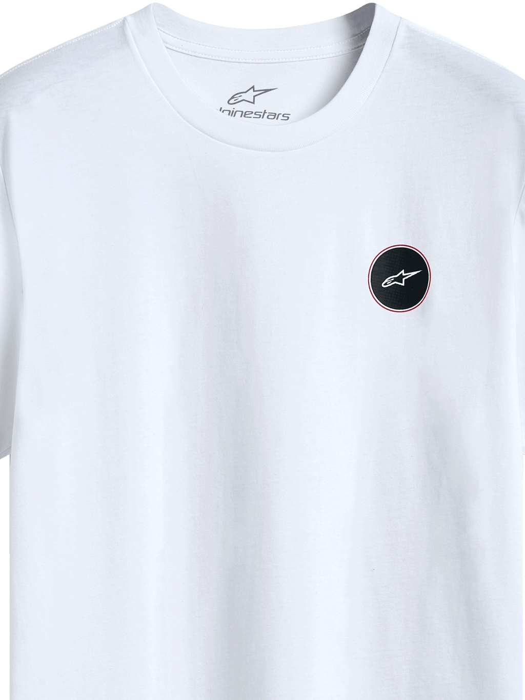 Alpinestars Dot Carbon Csf Tee, Short Sleeve T-Shirt, White, detail view of circular black logo with carbon fiber-look fill and white star, internal neck print, casual motorsport streetwear