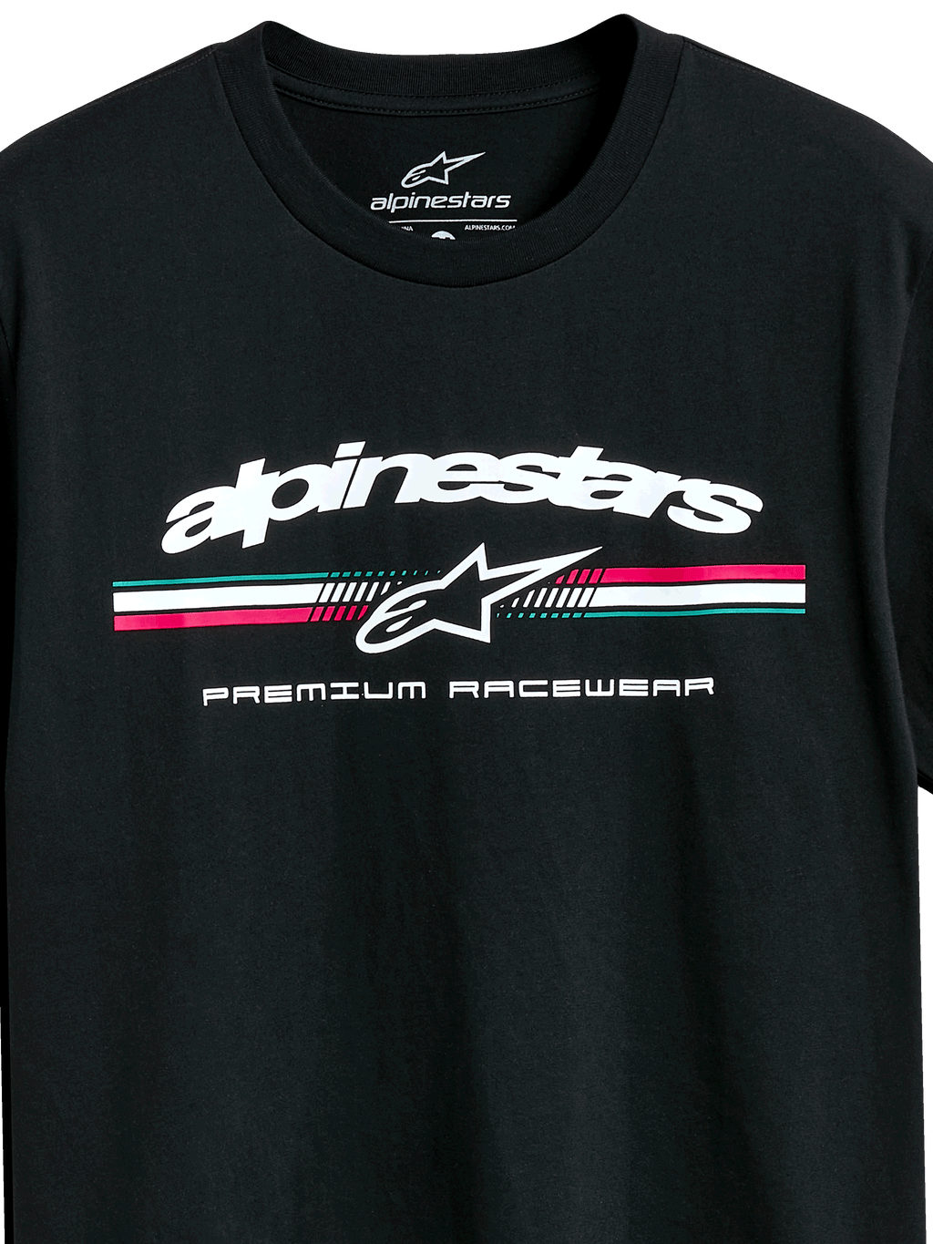 Alpinestars Prevail CSF Tee, Short Sleeve T-Shirt, Black, White Alpinestars Logo with Teal Pink and White Tri-Color Stripe, Premium Racewear Graphic, Casual Motorsport Sportswear