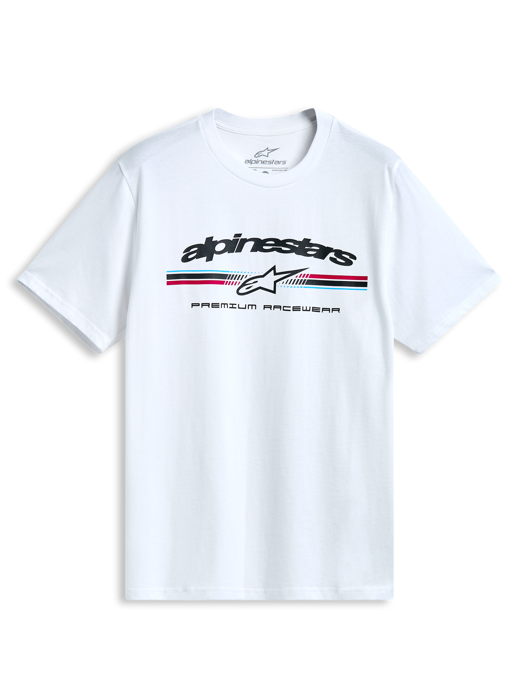 Alpinestars Prevail Csf T-Shirt, white short-sleeve sportswear tee with a front paddock-style tri-color stripe logo and soft hand print