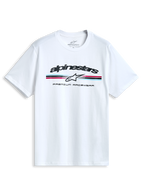 Alpinestars Prevail Csf T-Shirt, white short-sleeve sportswear tee with a front paddock-style tri-color stripe logo and soft hand print