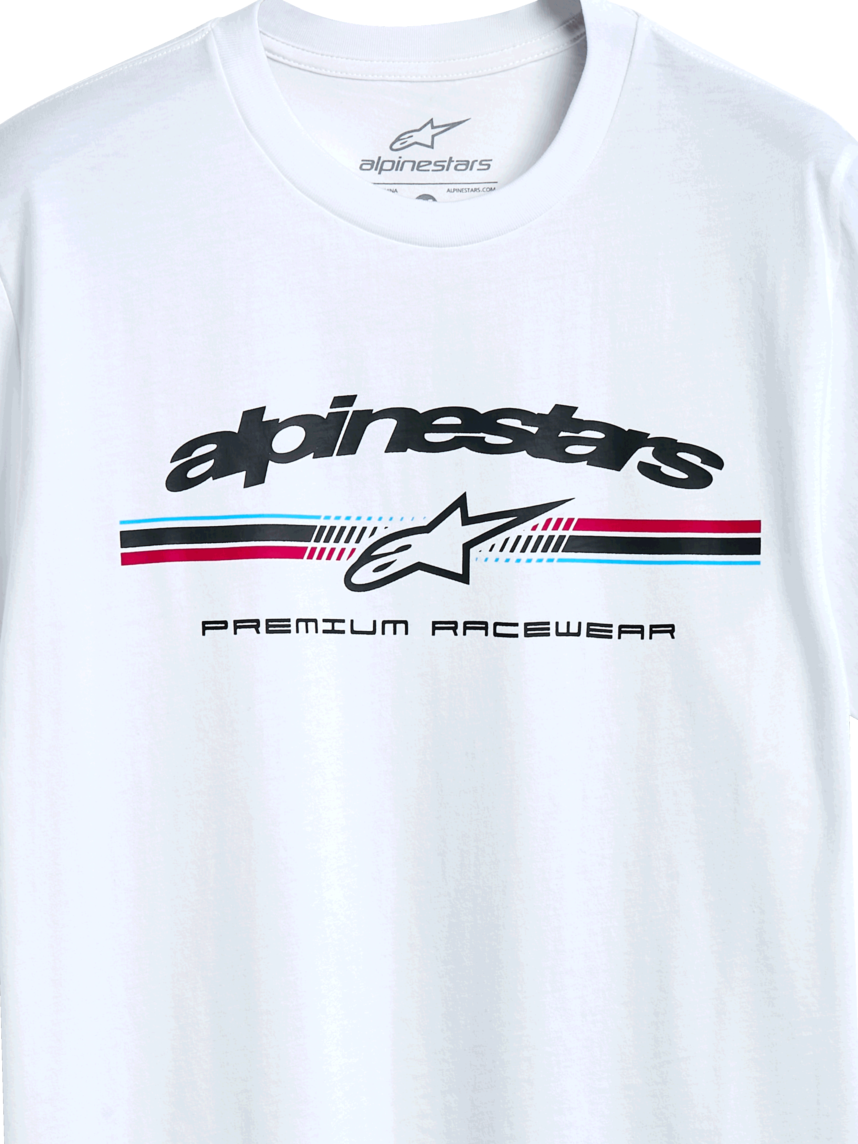 Alpinestars Prevail CSF Tee, Short Sleeve T-Shirt, White, Paddock-style tri-color stripe logo with Alpinestars star icon and Premium Racewear text, casual motorsport-inspired design