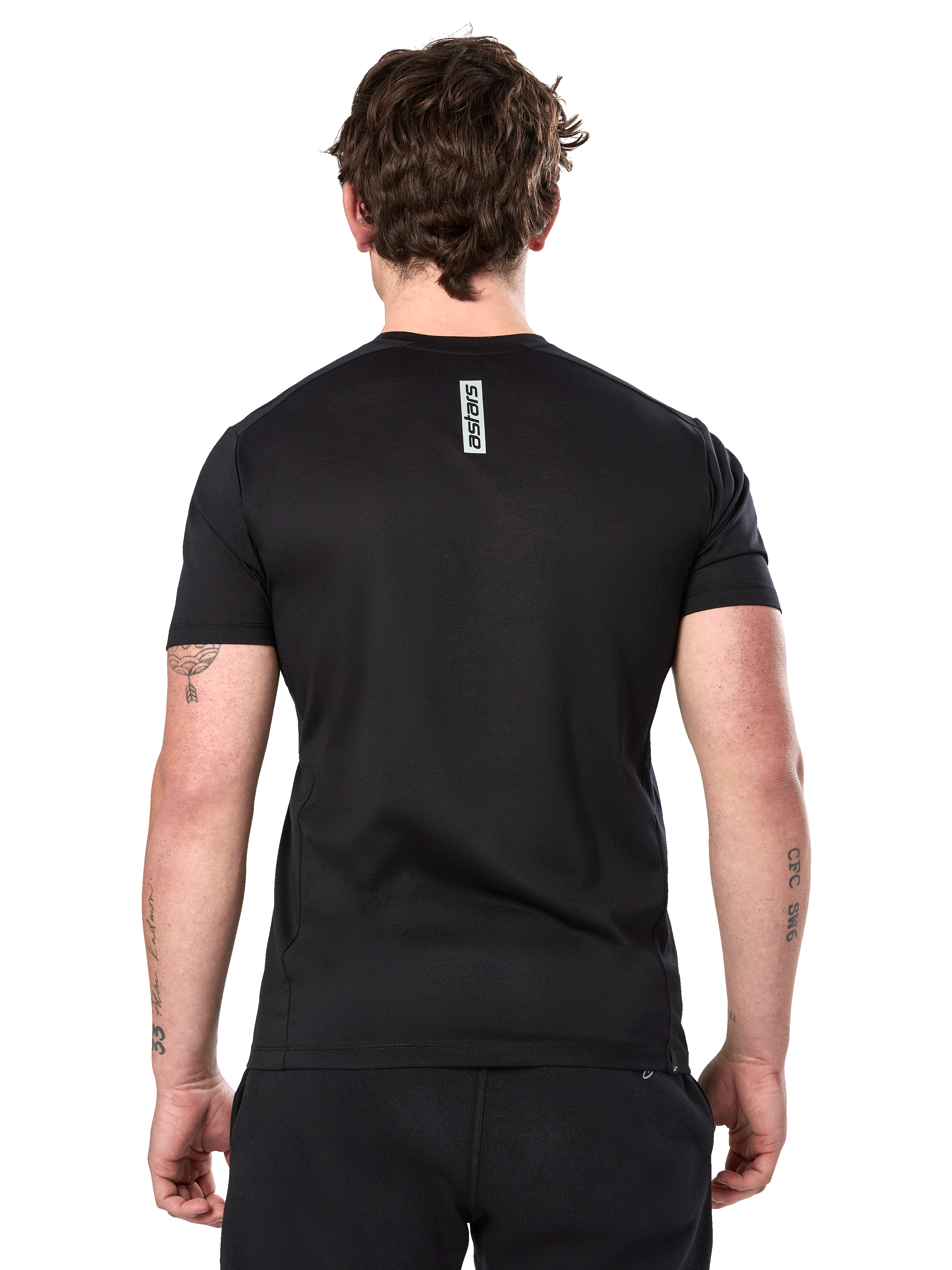 Alpinestars Point Performance Tee, Short Sleeve T-Shirt, Black, rear view on a man featuring a vertical astars word print on the upper back, casual performance sportswear