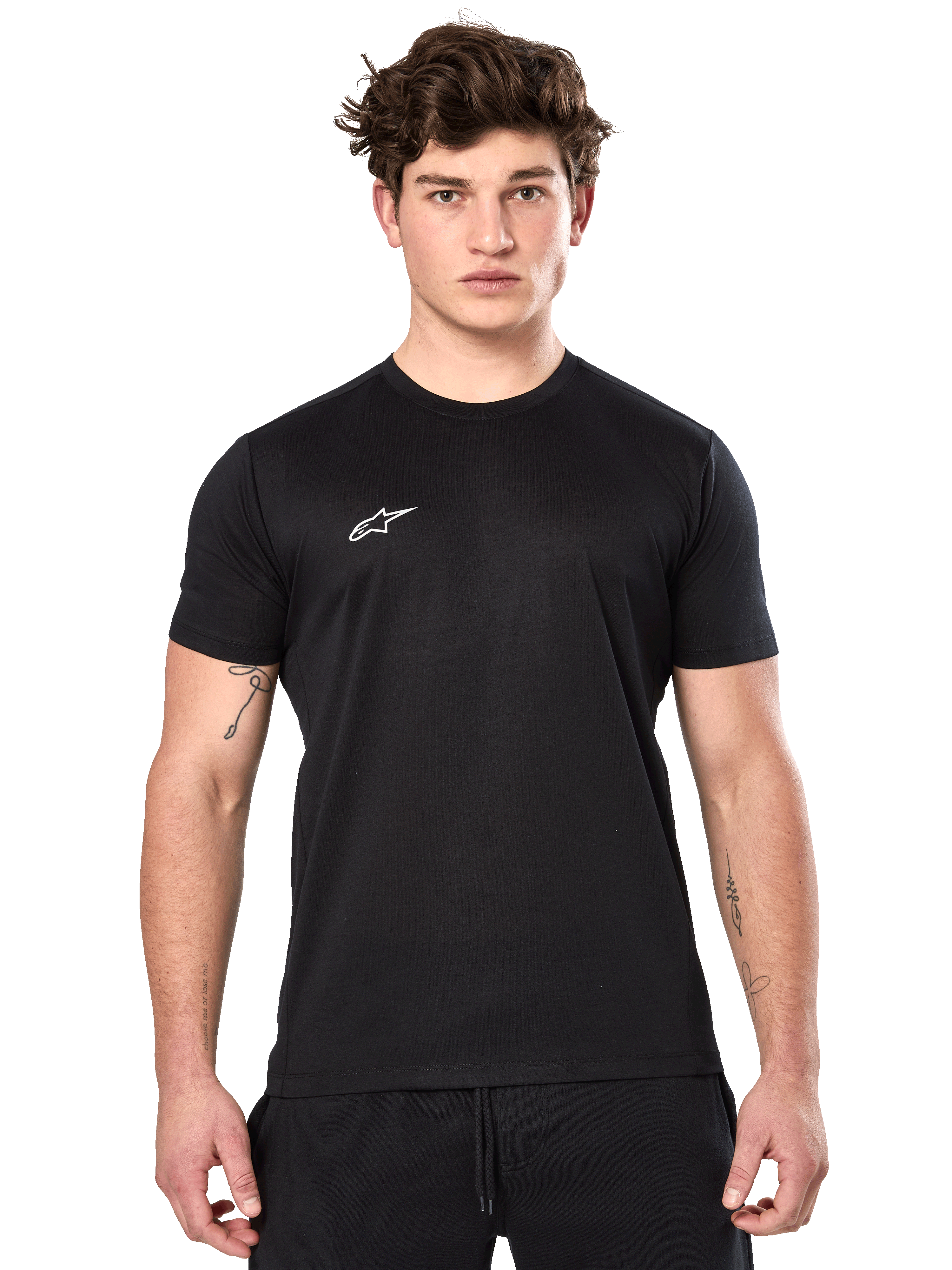 Alpinestars Point Performance Tee, Short Sleeve Performance T-Shirt, Black, small white Alpinestars logo on chest, worn by man with arm tattoos, casual performance sportswear