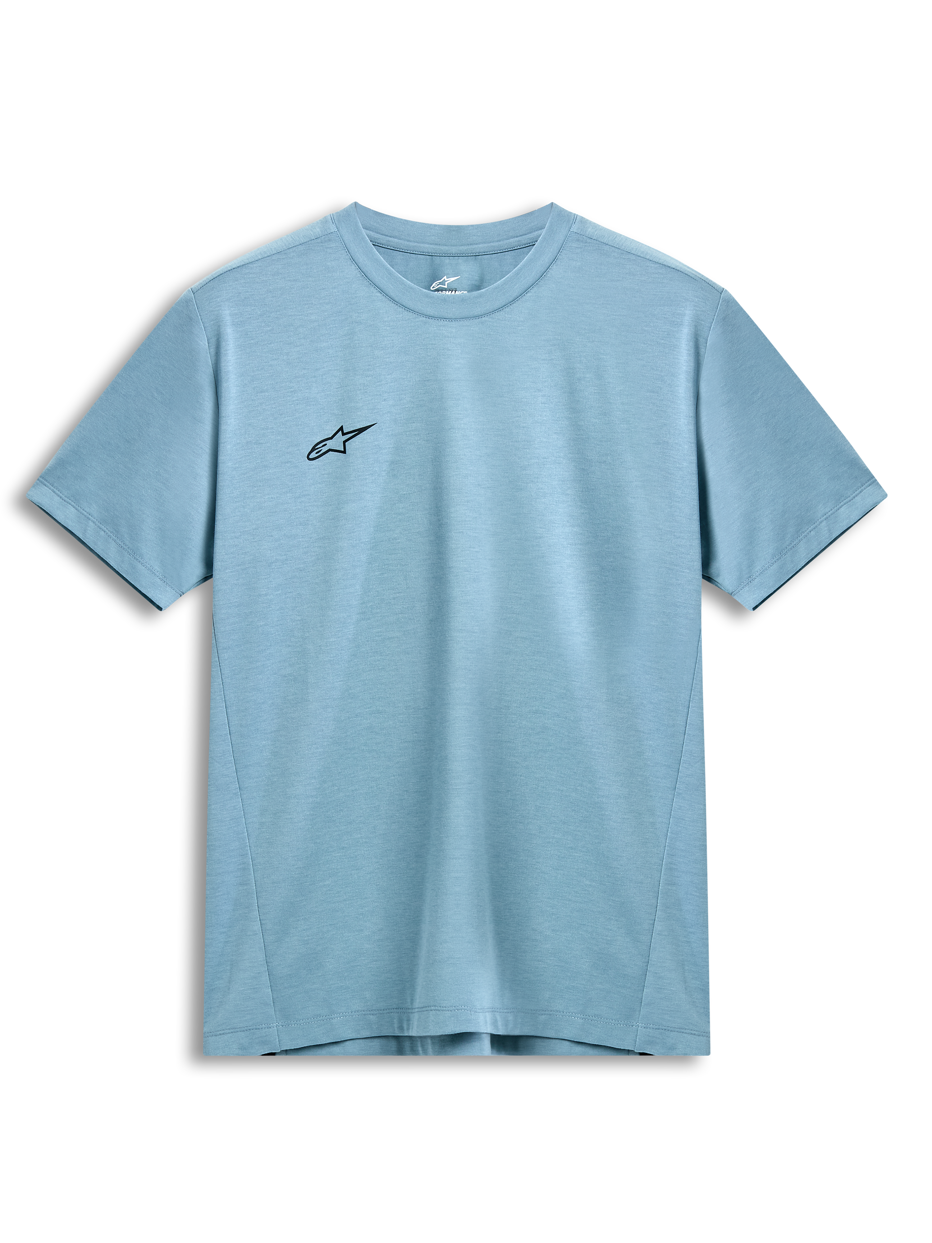 Alpinestars Point Performance Tee, Short Sleeve T-Shirt, Ice Blue, Small Black Star Logo on Chest, Crew Neck, Sustainable Performance Wicking Fabric, Casual Motorsport Streetwear