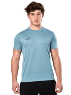 Alpinestars Point Performance Tee, Short Sleeve T-Shirt, Ice Blue, featuring a small black logo on the chest, worn by a model with black shorts, casual performance sportswear