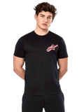 Alpinestars Attrition Performance Tee, Short Sleeve T-Shirt, Black with Pink Astars Logo on chest, worn by male model, Casual Motorsport Performance Wear