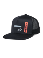 Alpinestars Alter Trucker Hat, Black trucker cap with structured crown and flat bill, breathable mesh back, featuring a horizontal gray reflective stripe, white A-star logo, and a vertical orange astars graphic, casual motorsport-inspired streetwear