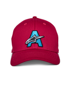 Alpinestars Elemental Hat, Red, Structured curved bill cap featuring a large light blue embroidered 'A' with a white and black Alpinestars star logo on the front, casual motorsport headwear