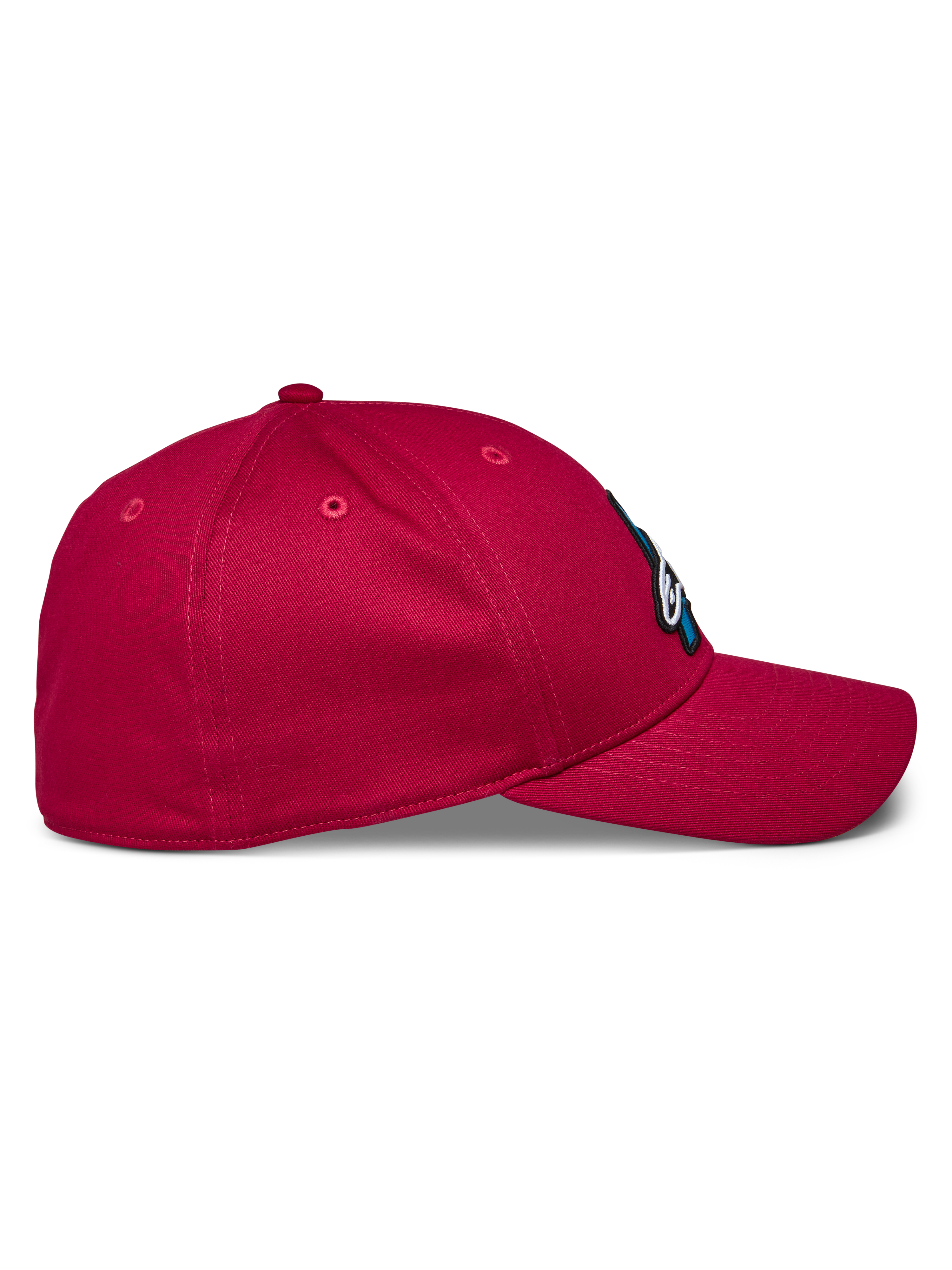 Alpinestars Elemental Hat, Red baseball cap, side profile view showing curved bill and structured crown, stretch twill fabric, casual motorsport sportswear