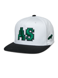 Alpinestars Franchise Hat, White Crown with Black Flat Bill, Green 3D Embroidered AS Logo, Flex Back Baseball Cap, Motorsport Lifestyle Headwear