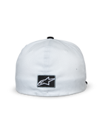 Alpinestars Franchise Hat, White and Black, back view featuring a black rectangular patch with white Alpinestars star logo, flex-back design, casual motorsport-inspired headwear