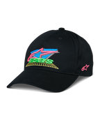 Alpinestars Vivid Hat, Black Baseball Cap with colorful 3D embroidered logo, featuring vibrant pink, blue, green, and yellow accents, structured curved brim, casual motorsport-inspired streetwear
