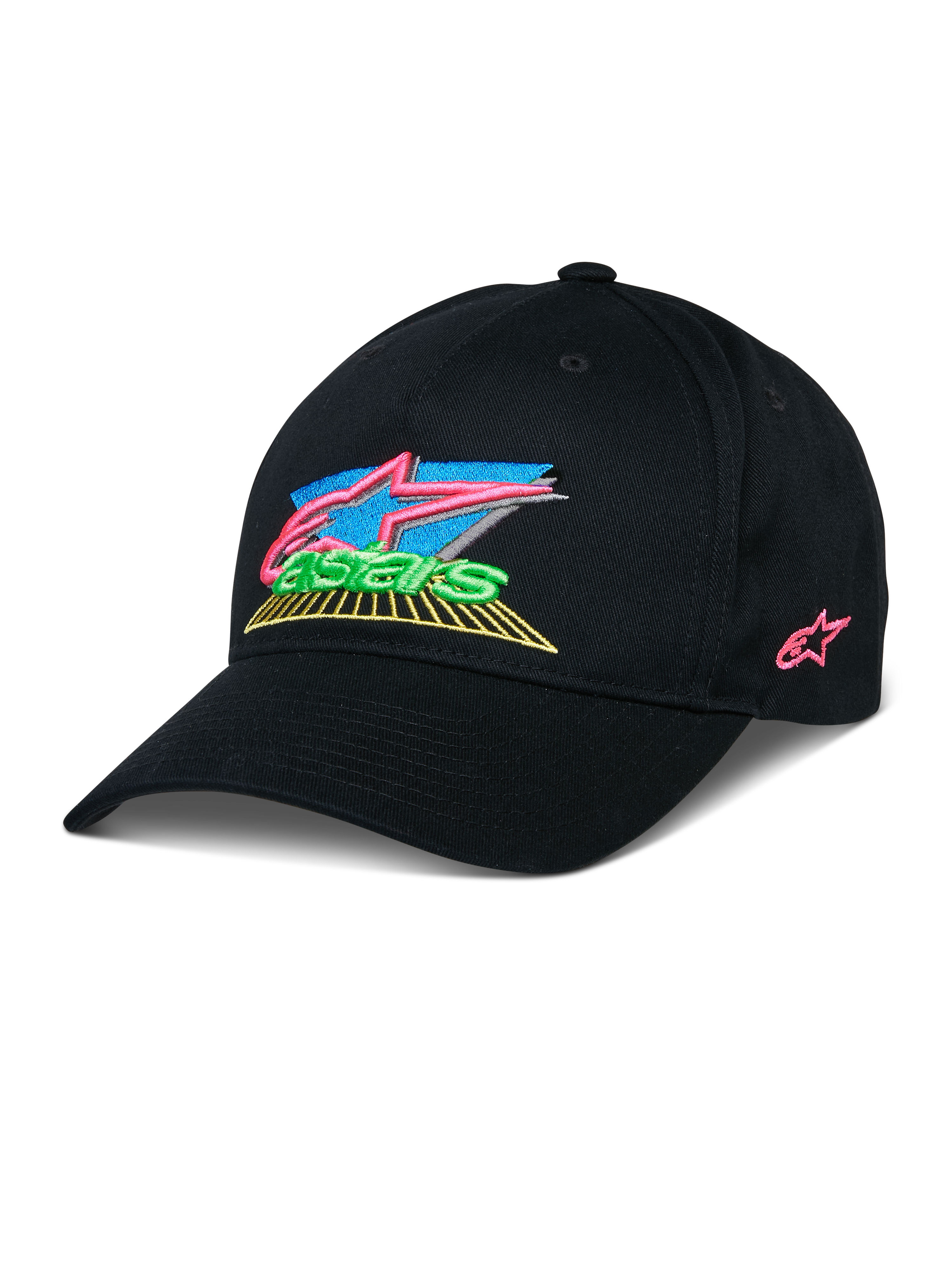 Alpinestars Vivid Hat, Black Baseball Cap with colorful 3D embroidered logo, featuring vibrant pink, blue, green, and yellow accents, structured curved brim, casual motorsport-inspired streetwear