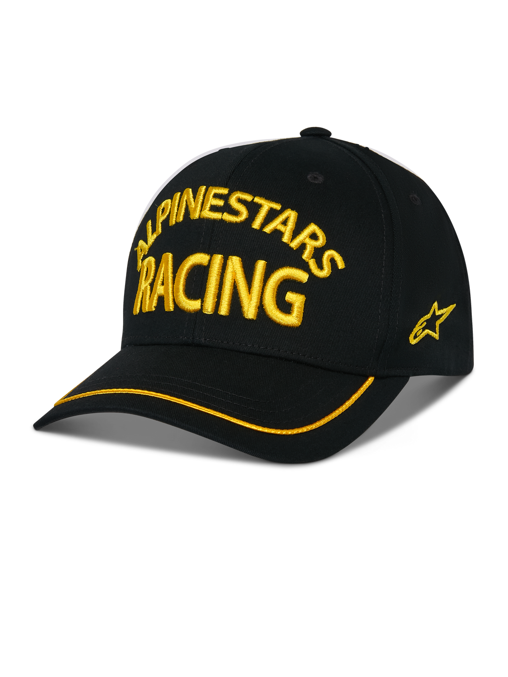 Alpinestars Luminary Hat, Black Baseball Cap, Yellow ALPINESTARS RACING 3D Embroidery, Curved Brim with Yellow Trim, Side Star Logo, Casual Motorsport Streetwear