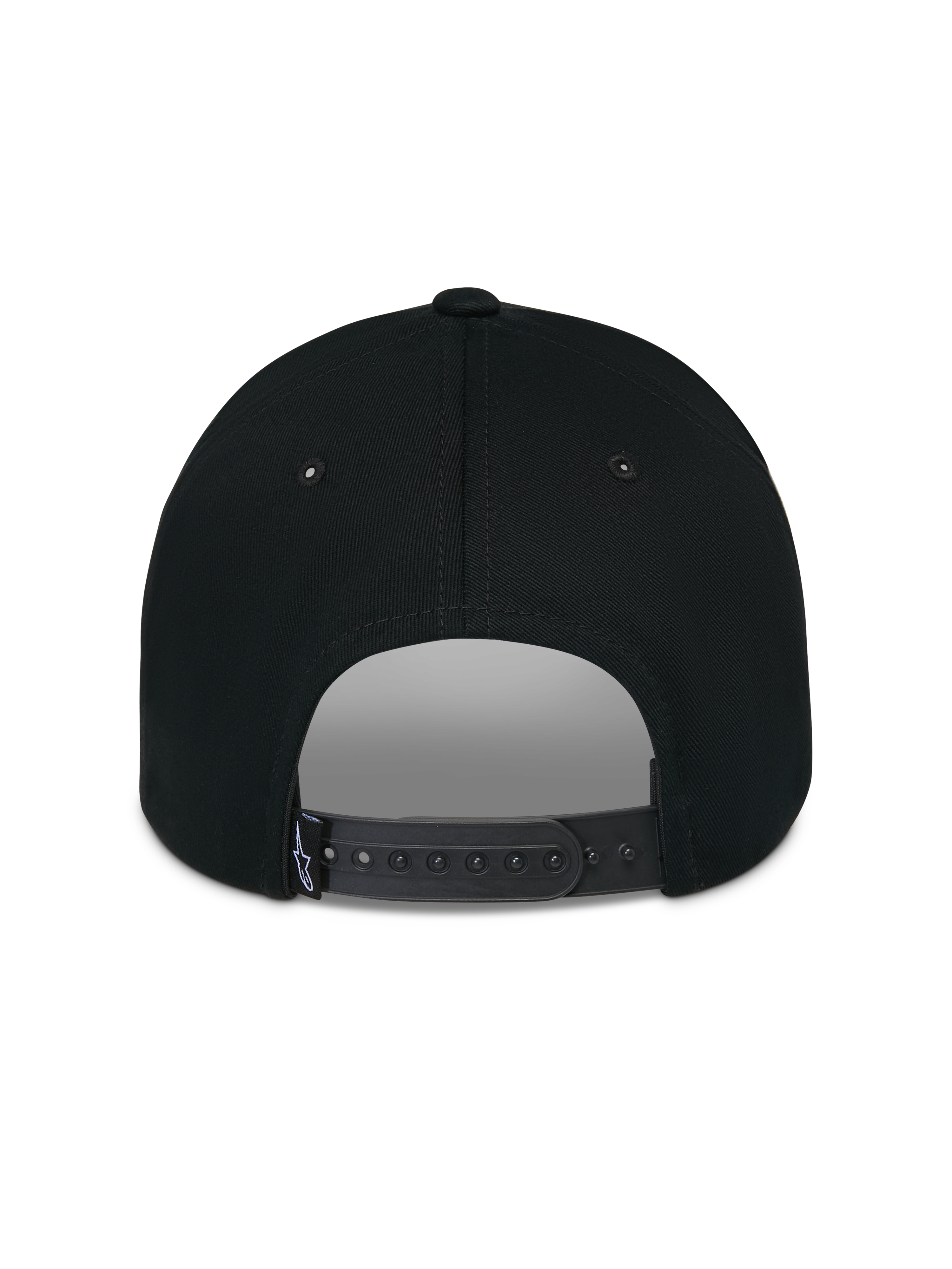 Alpinestars Luminary Hat, Black, rear view showing adjustable snapback closure and small woven logo label, structured cotton crown, casual motorsport-inspired headwear
