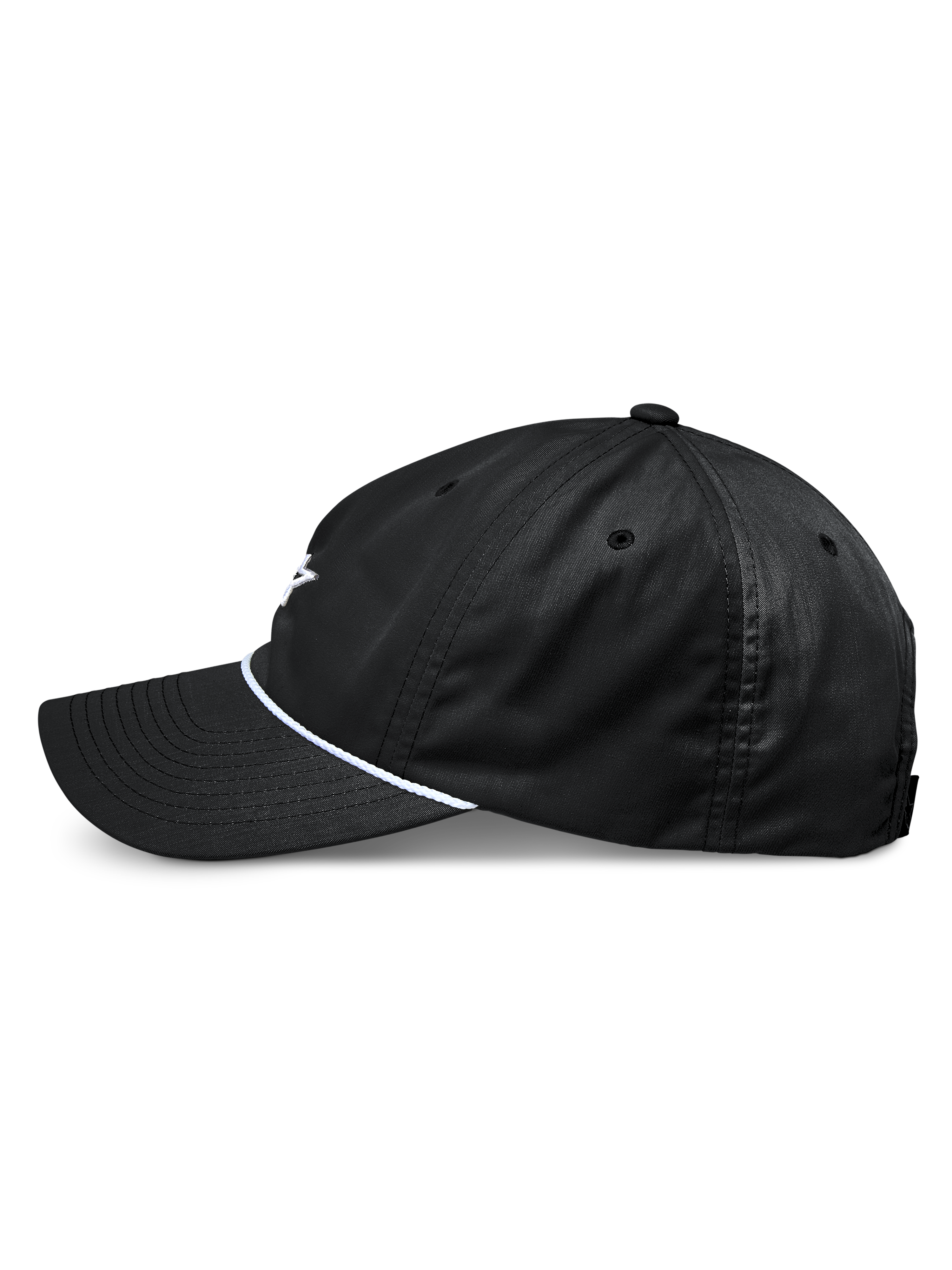 Alpinestars Tyler Hat, black snapback baseball cap, side profile view, featuring a curved bill and white braided rope trim, unstructured low crown, made from recycled twill, casual motorsport-inspired design