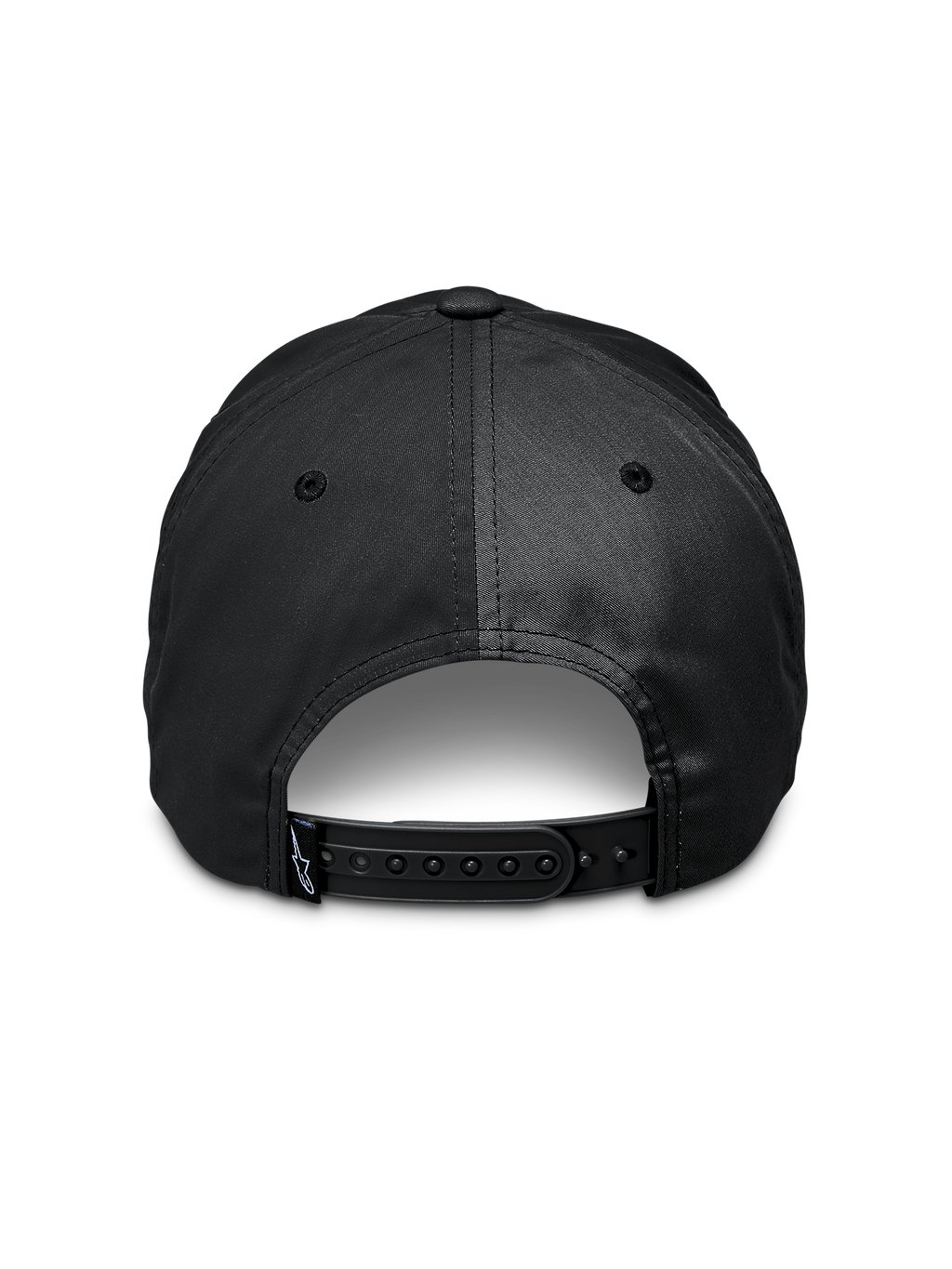Alpinestars Tyler Hat, Black, back view showing adjustable snapback closure, small logo tag on strap, recycled polyester twill, casual sportswear accessory