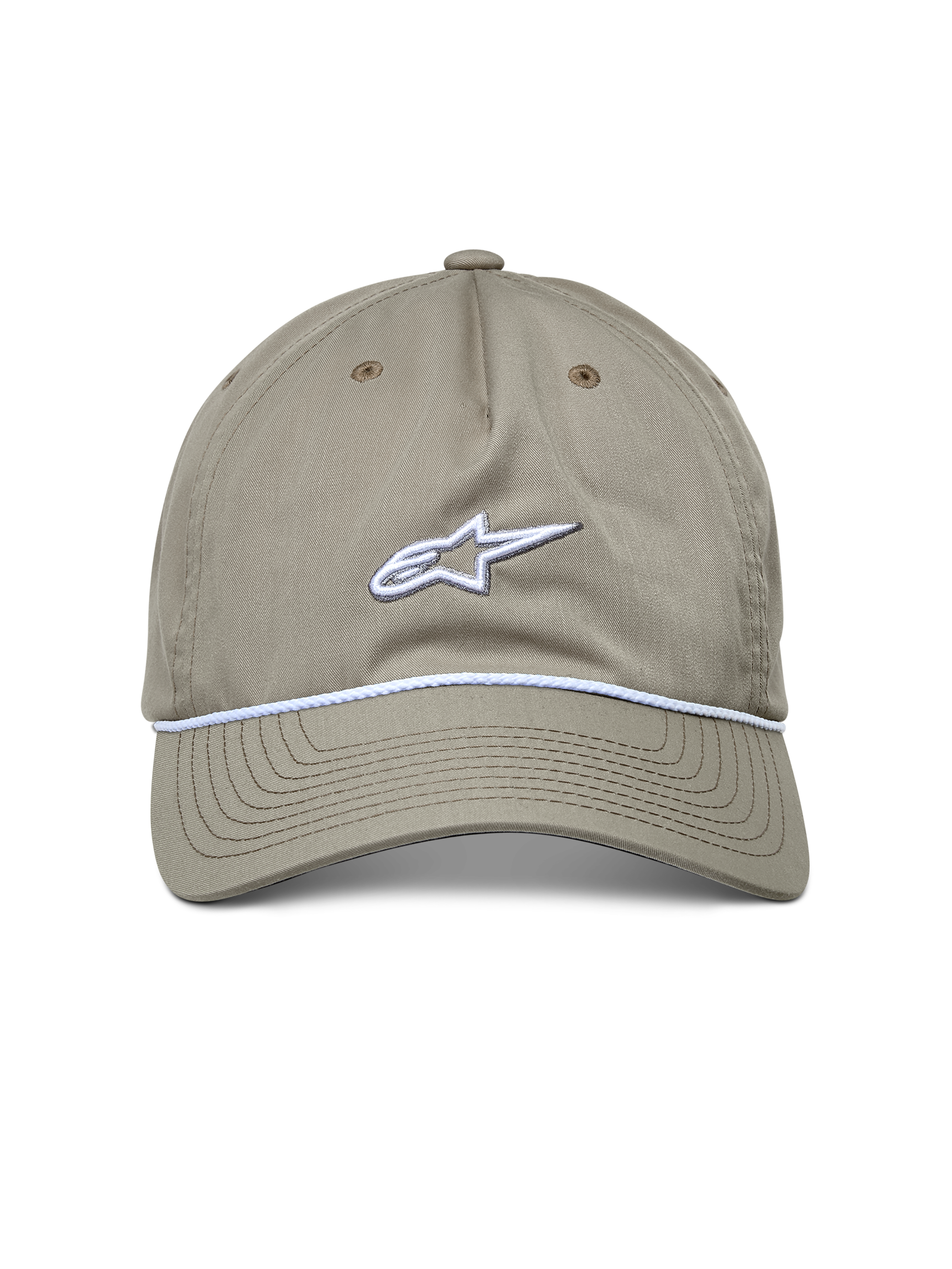 Alpinestars Tyler Hat, Casual Sportswear Hat, Khaki, front view with white embroidered logo and braided rope trim, curved bill, relaxed low crown design