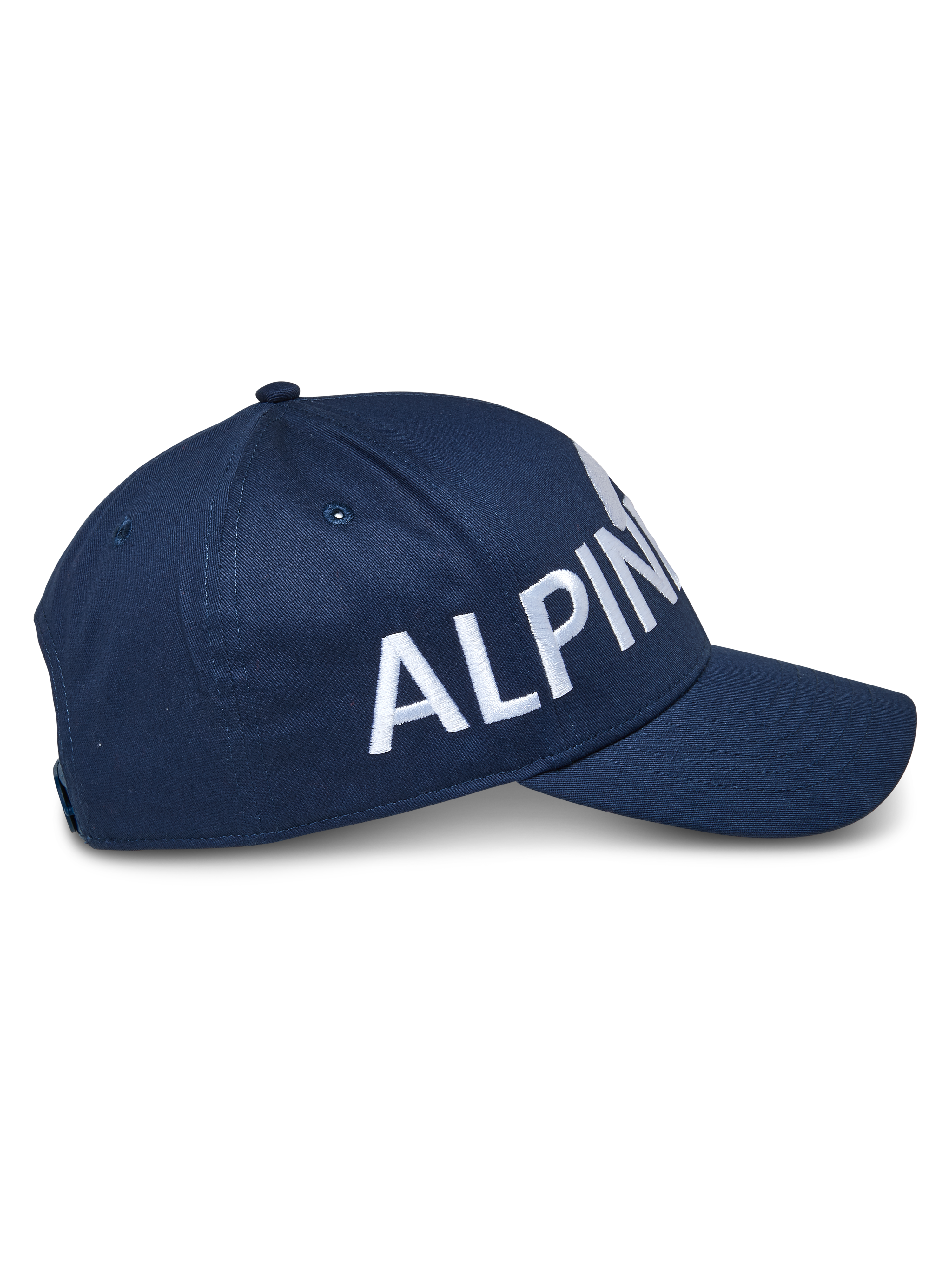 Alpinestars Committed Hat, Snapback Baseball Cap, Navy Blue, Side view featuring large white embroidered branding, structured crown with curved bill, durable twill fabric, casual motorsport headwear