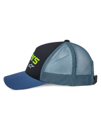 Alpinestars Vital Trucker Hat, side view, featuring a blue curved bill, black structured front panel with lime green text and white logo, teal mesh back, and adjustable buckle closure, casual motorsport headwear