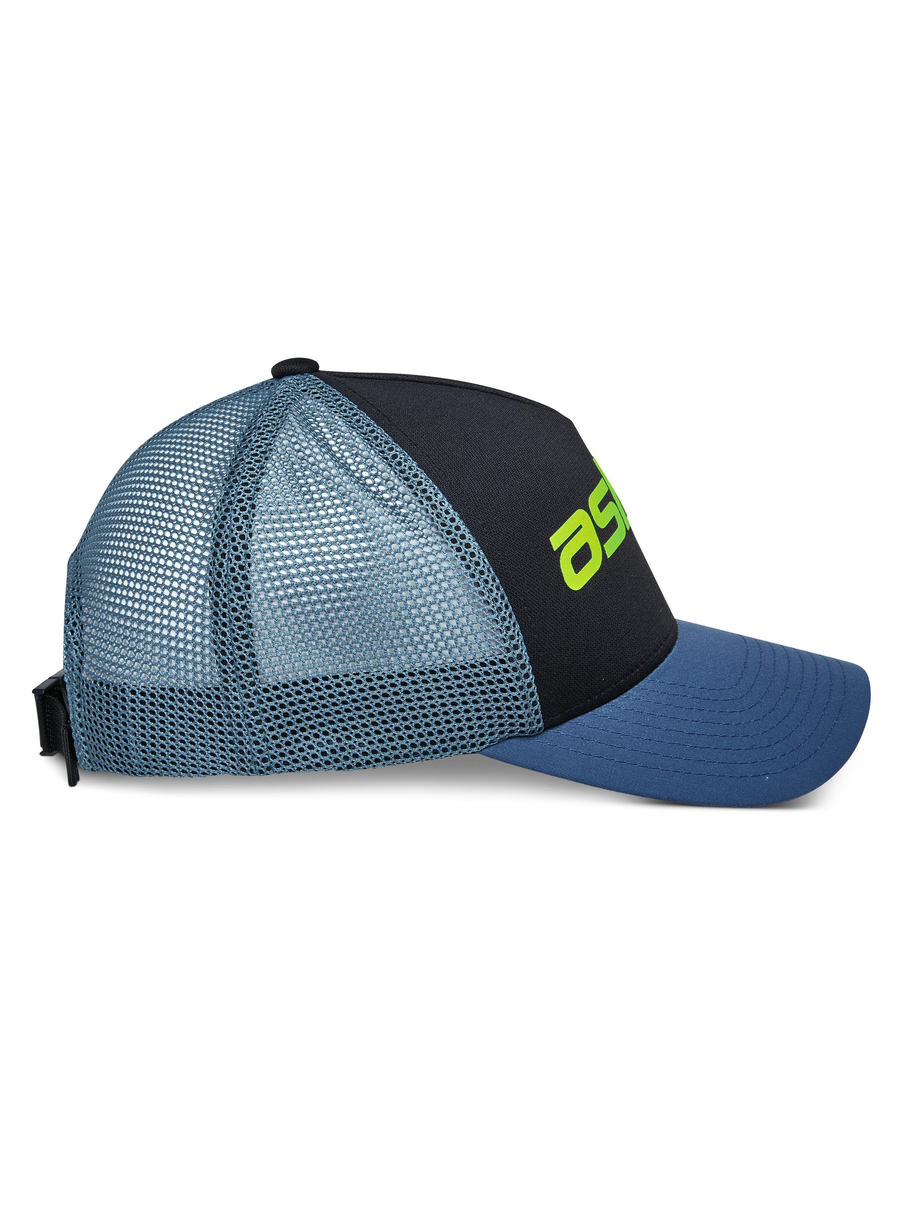Alpinestars Vital Trucker Hat, side view, black front panel with blue curved bill and light blue mesh back, lime green logo detail, structured crown, casual motorsport-inspired headwear