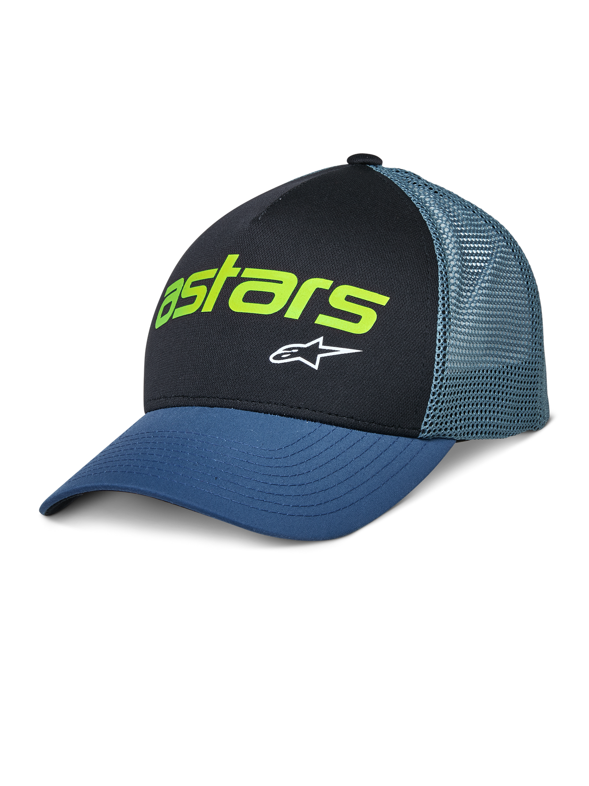 Alpinestars Vital Trucker Hat, Casual Trucker Cap, Black and Blue, Lime Green Astars Logo and White Star, Structured Crown, Curved Brim, Ventilated Mesh Back