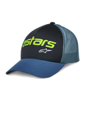 Alpinestars Vital Trucker Hat, Casual Trucker Cap, Black and Blue, Lime Green Astars Logo and White Star, Structured Crown, Curved Brim, Ventilated Mesh Back