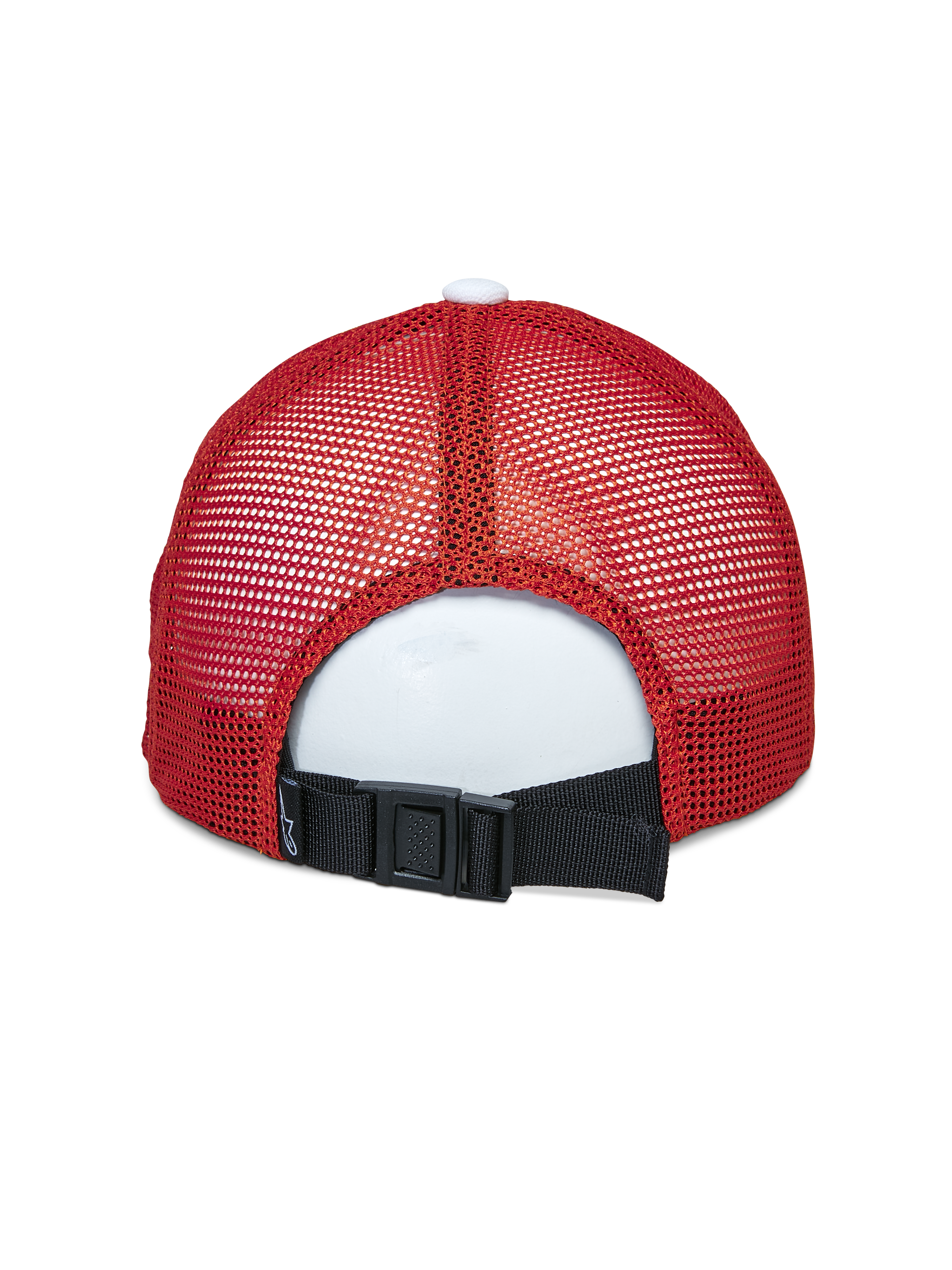 Alpinestars Vital Trucker Hat, back view, White Maroon Orange, featuring red mesh panels and a black adjustable buckle-back closure, casual sportswear headwear