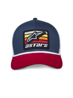 Alpinestars Selica Trucker Hat, Navy Red and White, Curved Red Bill, Navy Blue Structured Crown with White Mesh Back, Front Embroidered Astars Patch Logo with Braided White Rope Trim