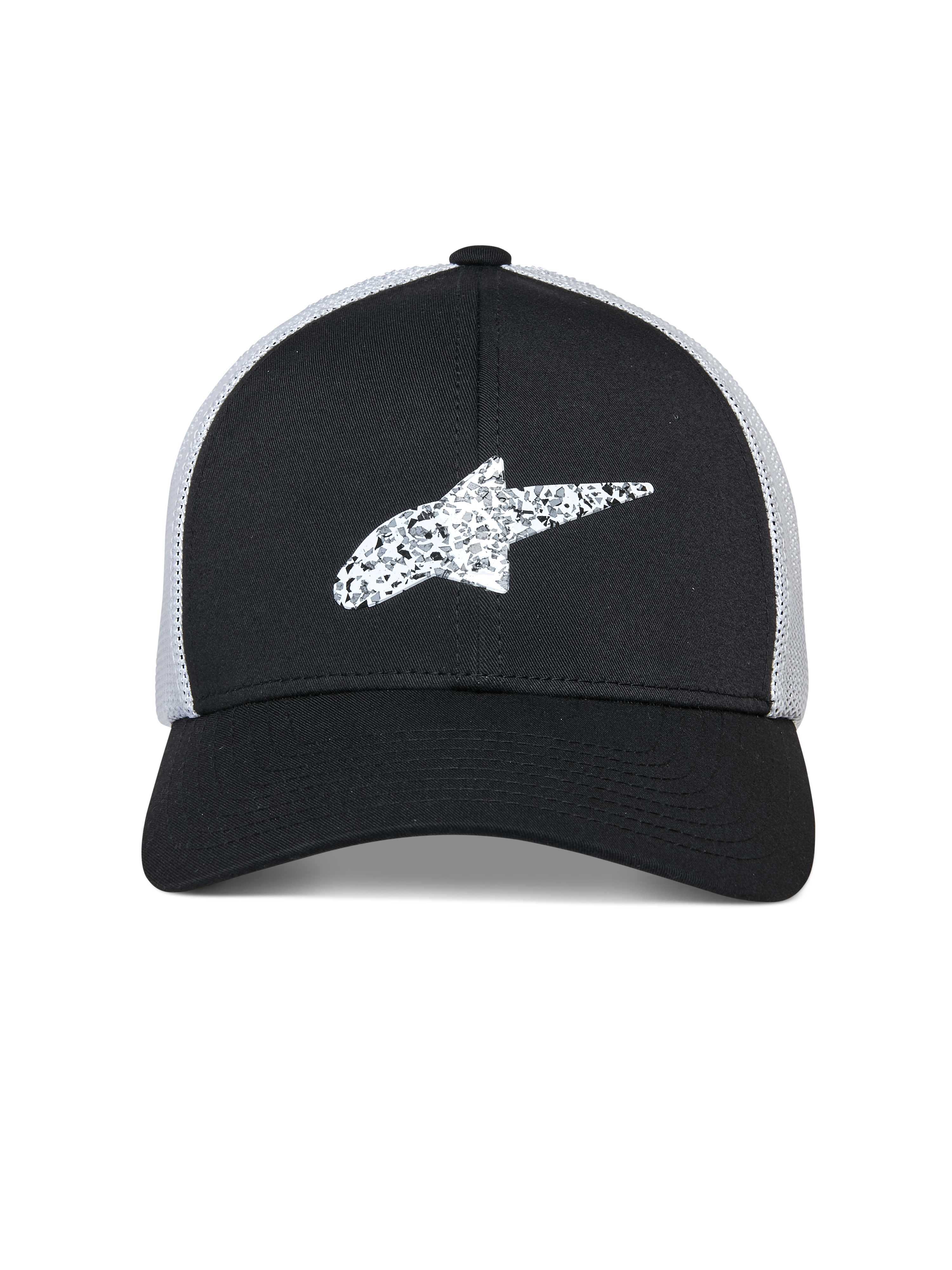 Alpinestars Terolithic Trucker Hat, Sportswear Hat, Black with White mesh back, textured white Alpinestars star logo on front, curved bill and structured low crown