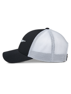 Alpinestars Terolithic Trucker Hat, side profile view, black front panels and curved bill with white mesh back panels, casual sportswear snapback cap