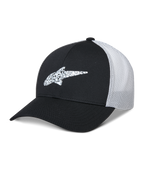 Alpinestars Terolithic Trucker Hat, Black and White, curved brim baseball cap with patterned TPU star logo, white breathable mesh back panel, structured low crown design