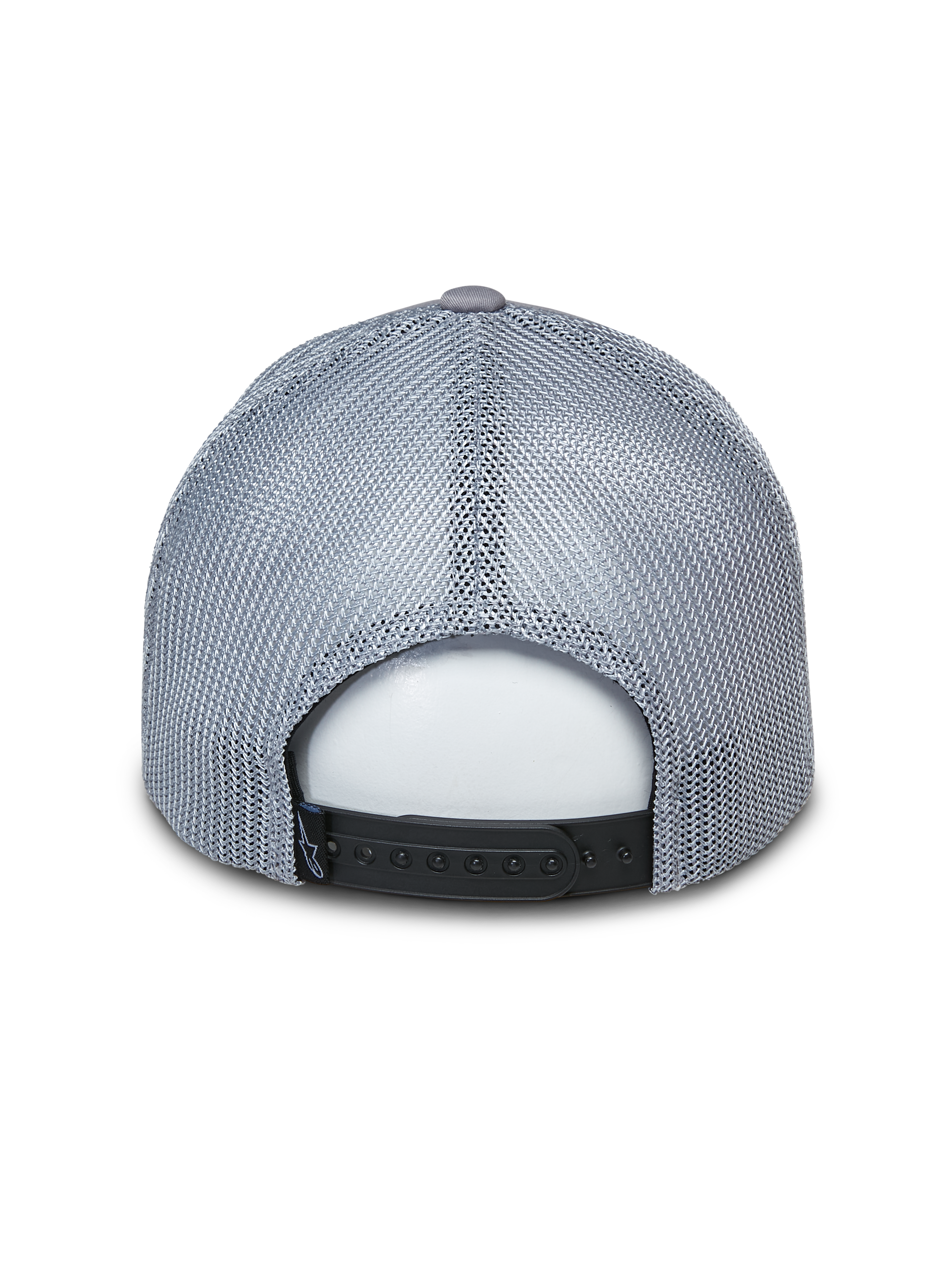 Alpinestars Terolithic Trucker Hat, Grey Trucker Cap, back view featuring grey mesh panels and black snapback closure, casual motorsport-inspired headwear