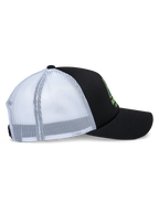 Alpinestars Ayess Trucker Hat, side profile view, black foam crown and curved bill with white mesh back panels, front logo print, casual motorsport-inspired snapback