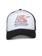 Alpinestars Ayess Trucker Hat, white and black trucker cap, white foam front panel with black curved brim and mesh back, stylized AS and Alpinestars Racing logo in red and blue, casual motorsport-inspired streetwear