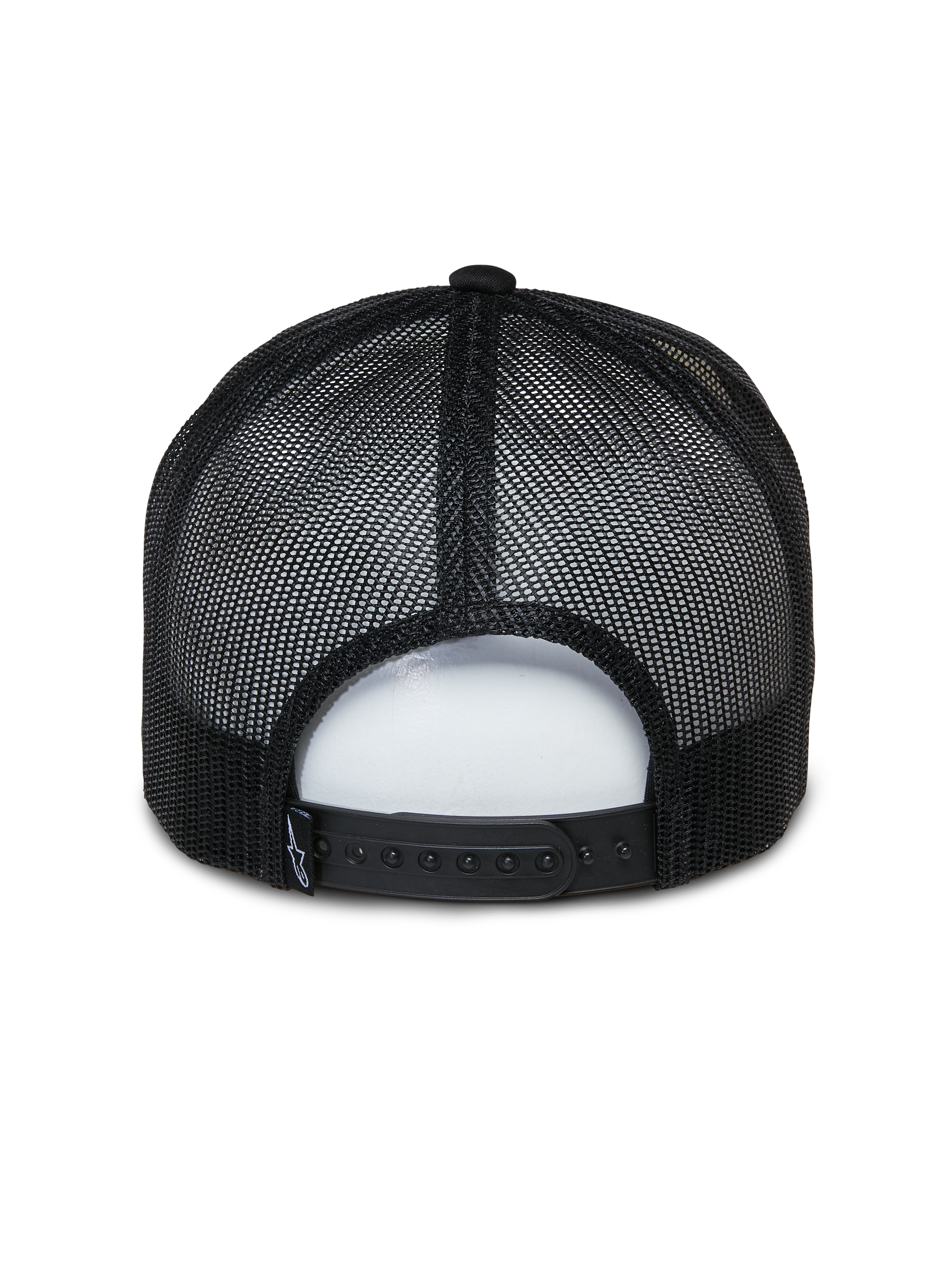 Alpinestars Ayess Trucker Hat, Casual Sportswear Hat, White and Black, back view featuring black breathable mesh panels and adjustable snapback closure, classic foam crown trucker design