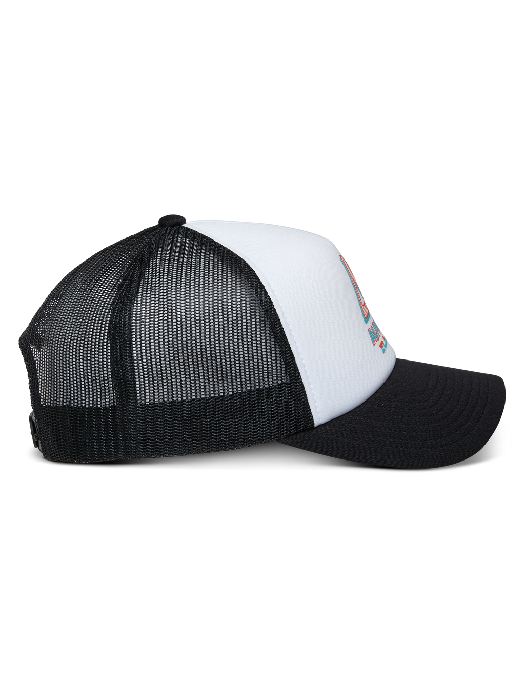 Alpinestars Ayess Trucker Hat, White and Black, side view featuring a curved black bill, white foam crown with front logo print, and breathable black mesh back, casual motorsport headwear