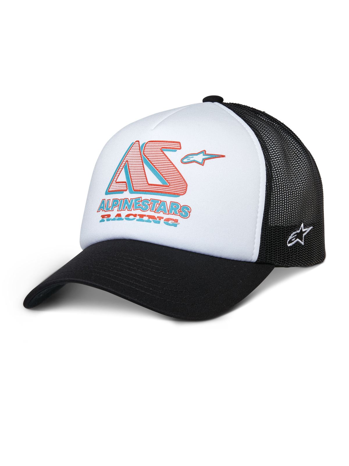 Alpinestars Ayess Trucker Hat, White and Black Mesh Cap with Red and Blue AS Racing Logo, Curved Bill, Sporty Casual Headwear