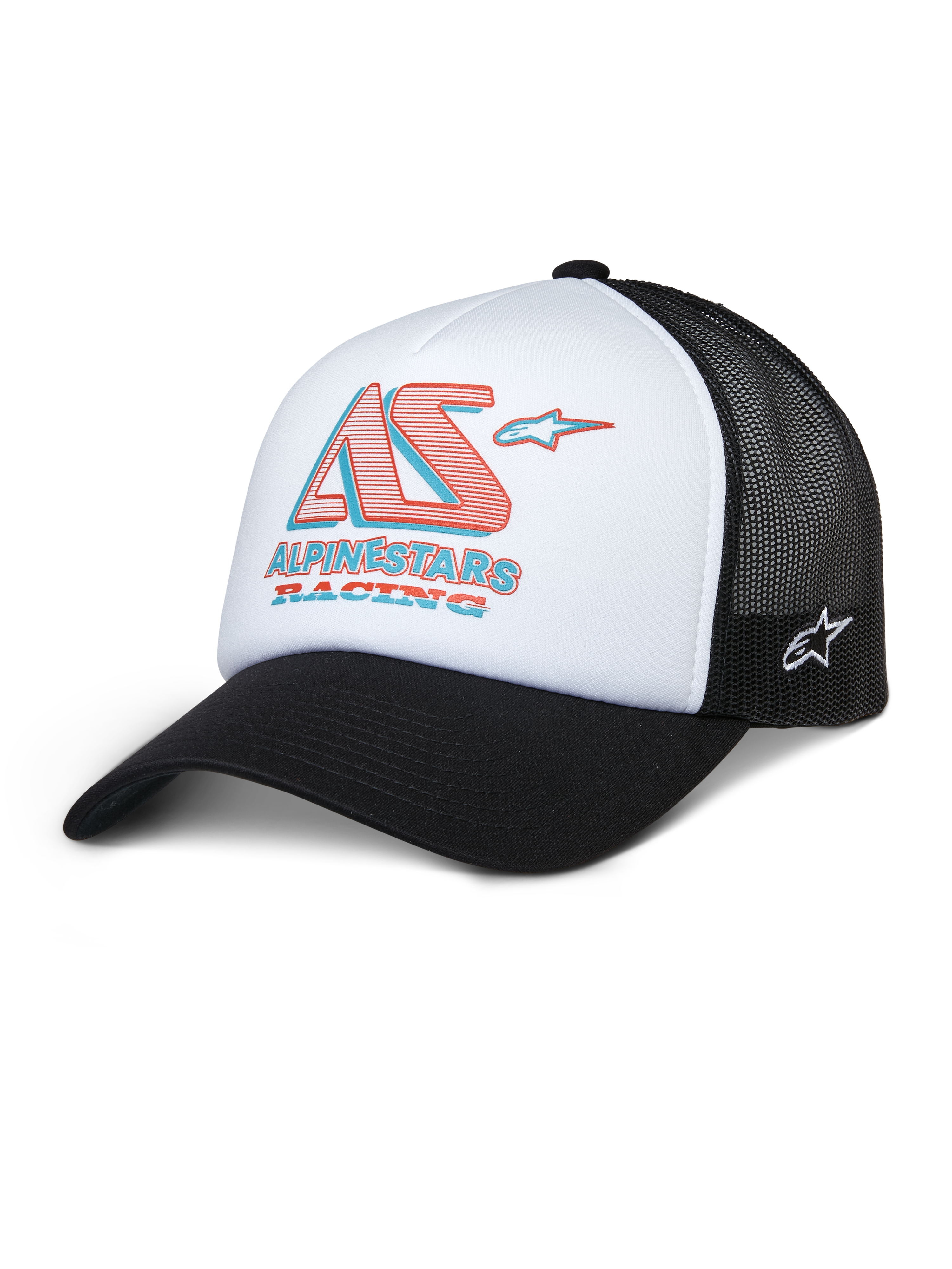 Alpinestars Ayess Trucker Hat, White and Black Mesh Cap with Red and Blue AS Racing Logo, Curved Bill, Sporty Casual Headwear